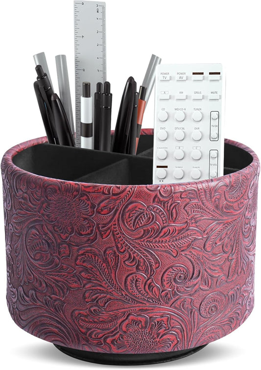 lizimandu Round Leather Art Supply Organizer,Remote Control Holder,360 Degree Spinning,Multi-Functional Pencil Holder,4 Compartments Desktop Stationary Organizer(1-Carved Red)