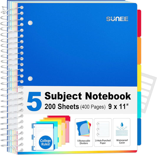 SUNEE 5 Subject Notebook College Ruled - 400 Pages, 9"x11", 5 Pocket Colored Dividers, 3-Hole Punched Paper, Blue
