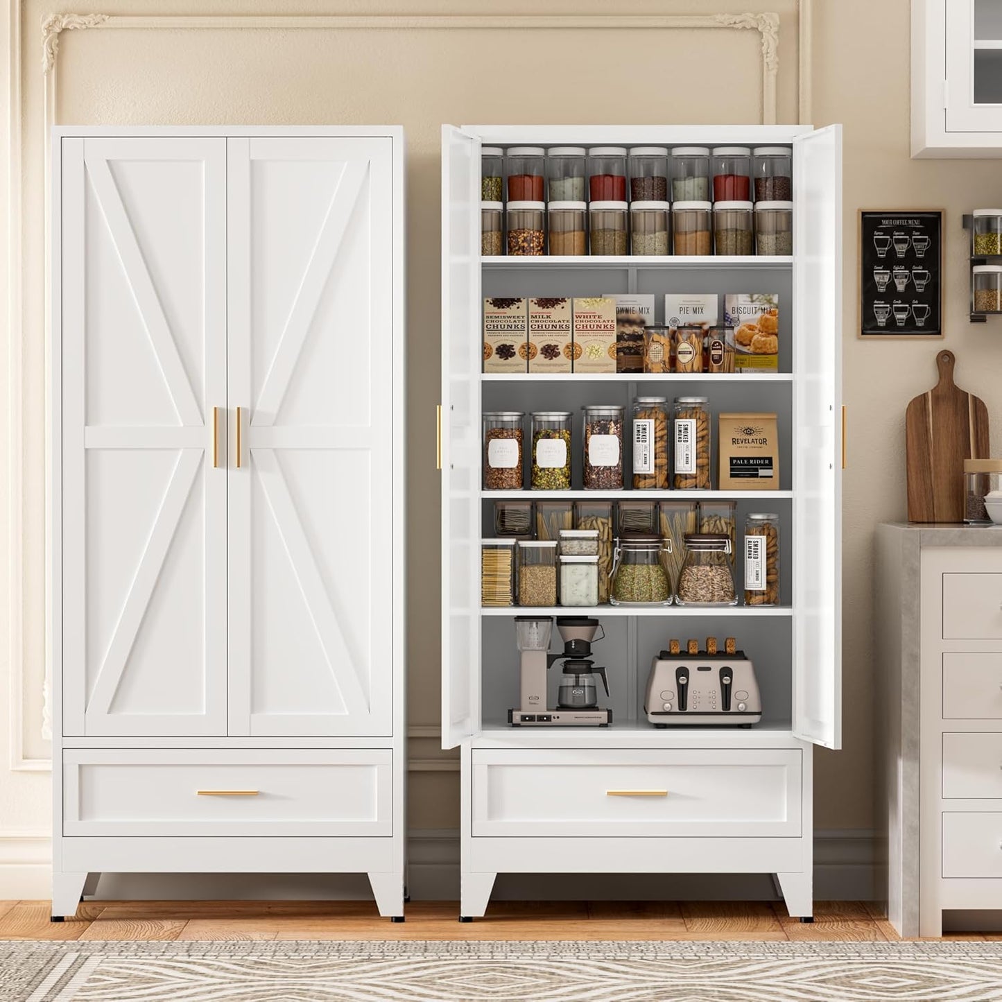 71" Tall Metal Storage Cabinet with Drawer and Adjustable Shelves,Farmhouse Kitchen Pantry Storage Cabinet with Doors,Large Wide Cabinets for Craft Room,Office,Dining Room,Bathroom(White)