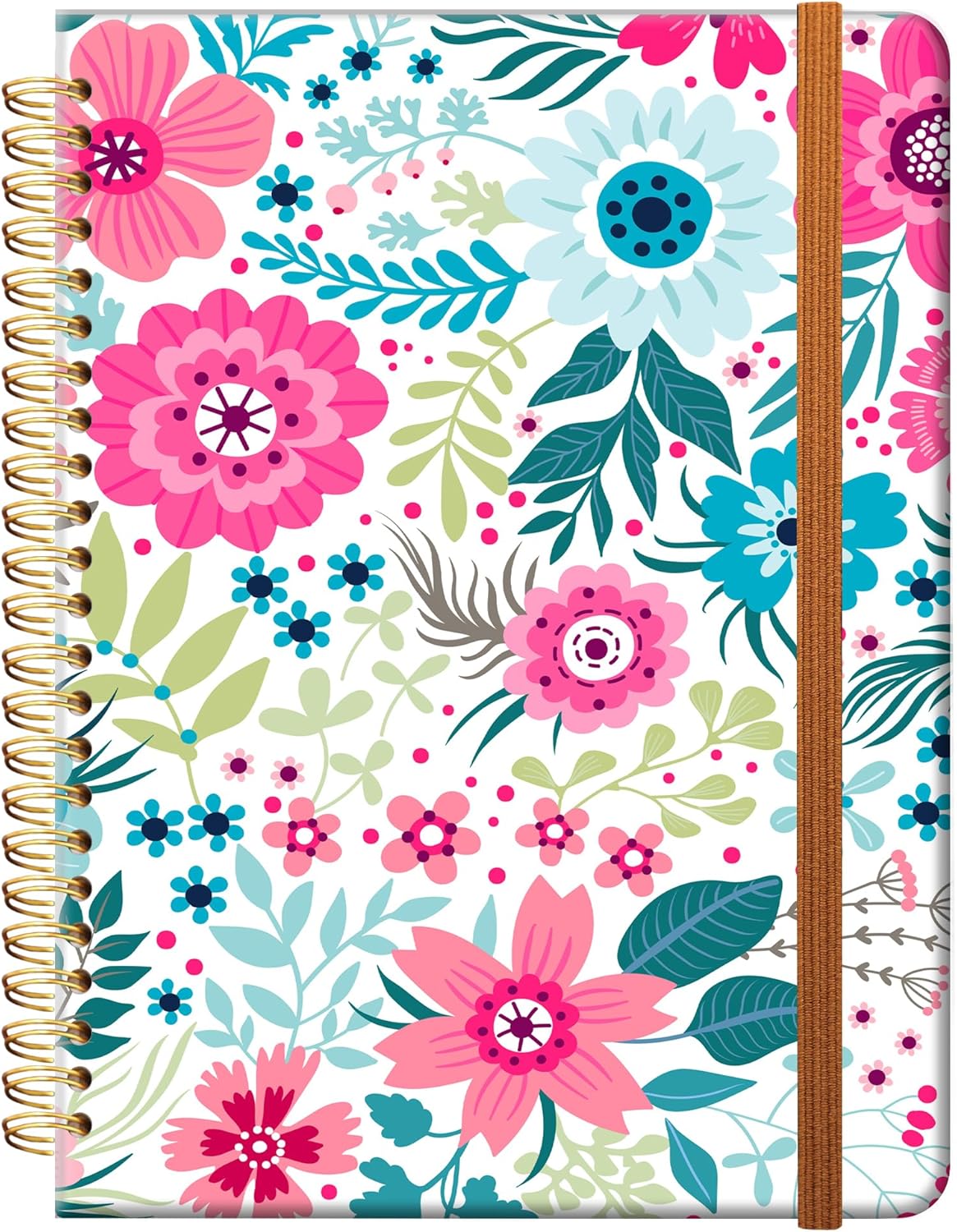 Ruled Spiral Writing Notebook,A5 Hardcover Lined College Journal for Women Lady,Fashion Puppy Watercolor Strong Twin-Wire Binding with Premium Paper,8.4" X 6",Perfect for School,Office,Home Gifts(Colorful Flowers)