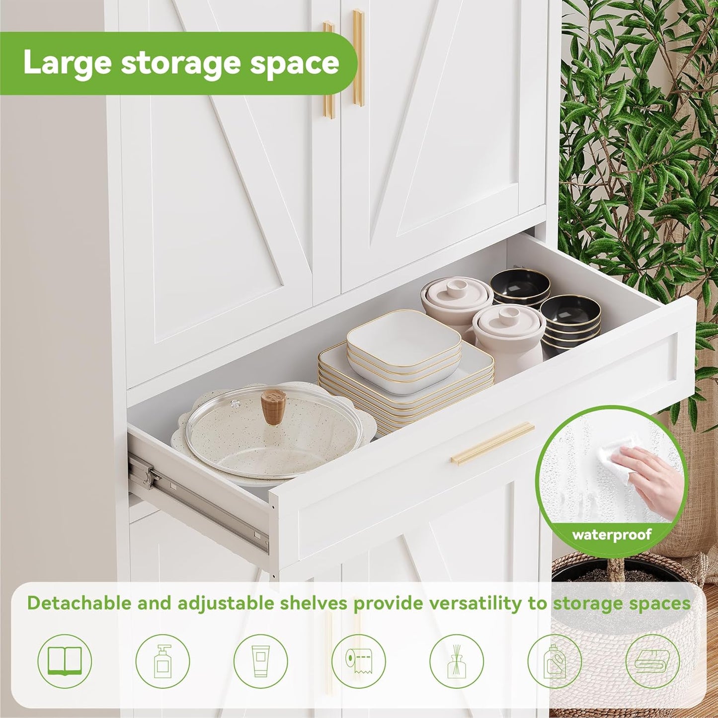 71" Tall Metal Storage Cabinet with Adjustable Shelves,Farmhouse Kitchen Pantry Cabinet with 2 Barn Doors and Drawer,Large Storage Cabinets for Dining Room,Bathroom,Living Room(White)