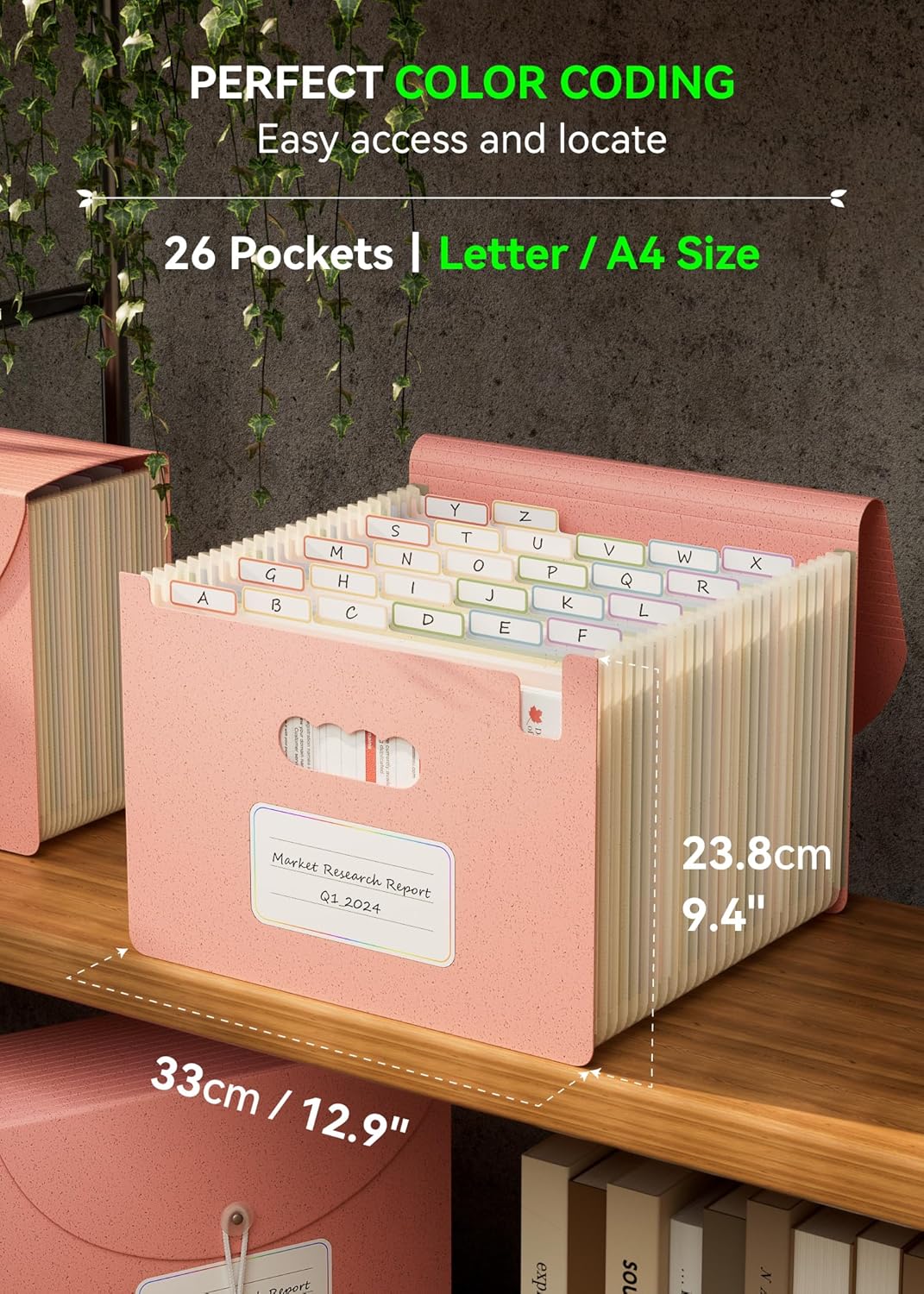 Accordion File Organizer, 26 Pockets Wheat Straw Expanding File Folder, Monthly Bill Receipt Organizer,A-Z Tabs,100% BPA Free,Return to Nature Healthy Living,Letter/A4 Size - Strawberry Pink