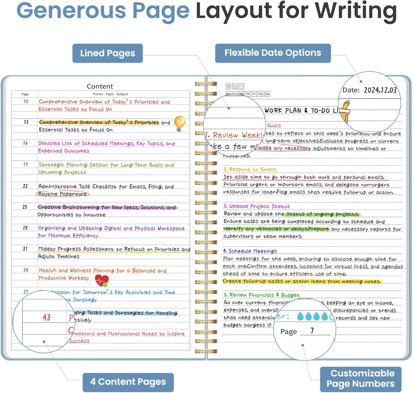 Taja Spiral Lined Notebook, 8.5"x11" Notebooks for Work, Large A4 Journal for Women & Men, College Ruled Journaling Notebook for Writing, Plastic Cover Spiral Journal, Blue