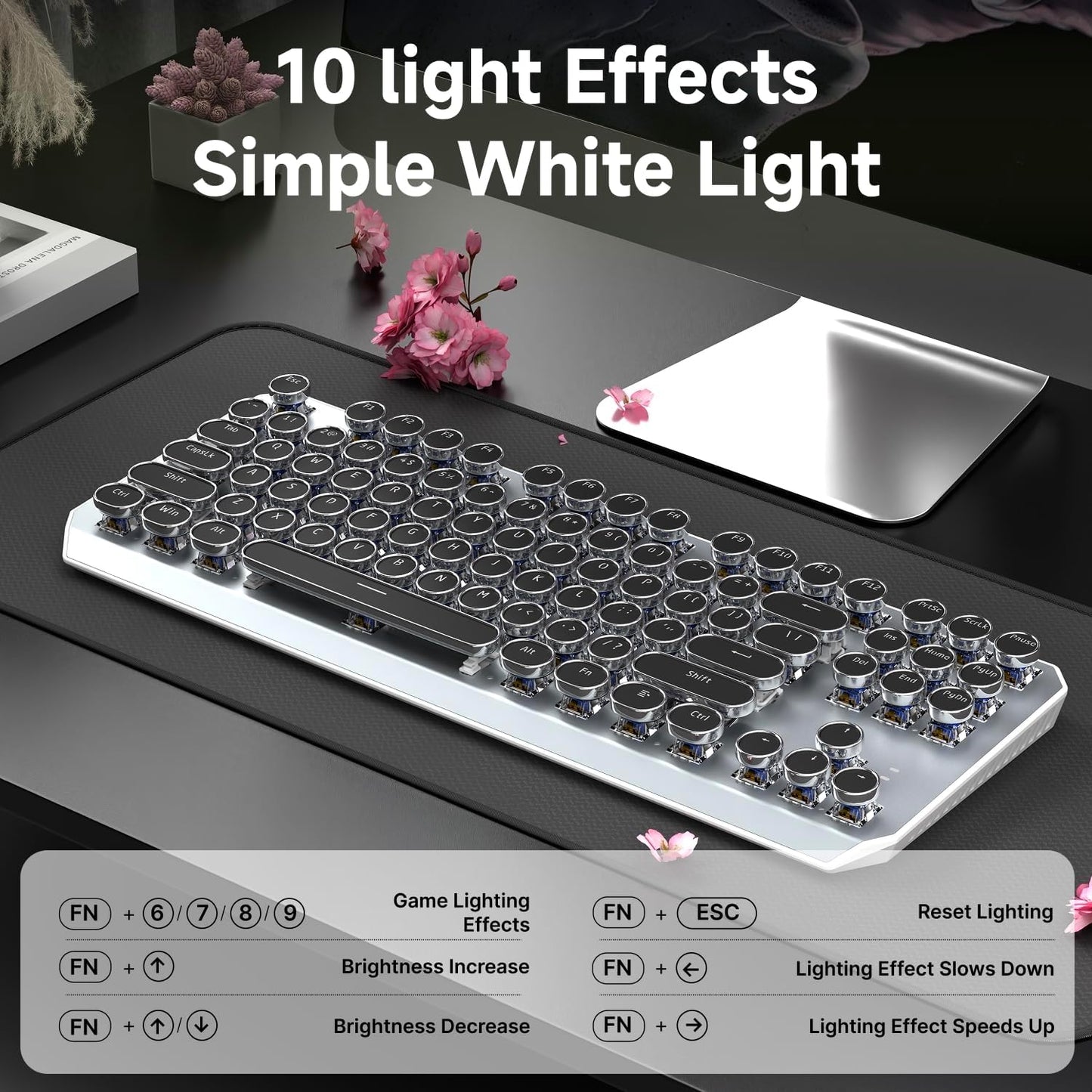 EWEADN Wireless Mechanical Typewriter Keyboard,80% Layout with White Backlit, Anti-Ghosting, Blue Switch Bluetooth/2.4GHz/USB-C Aesthetic Keyboard-Black