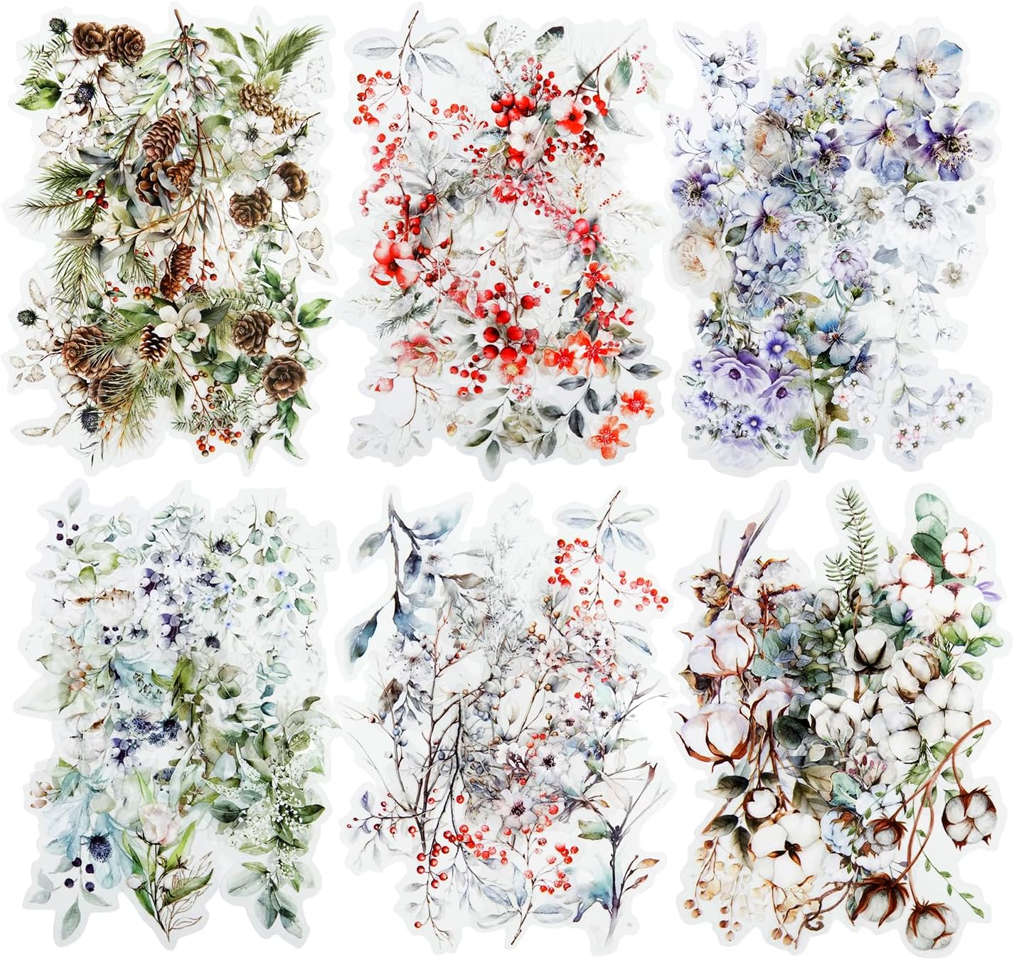 Floral Branch PET Stickers Set, 120PCS Botanical Flower Stickers for Scrapbooking, Journaling, DIY Crafts, and Art Supplies