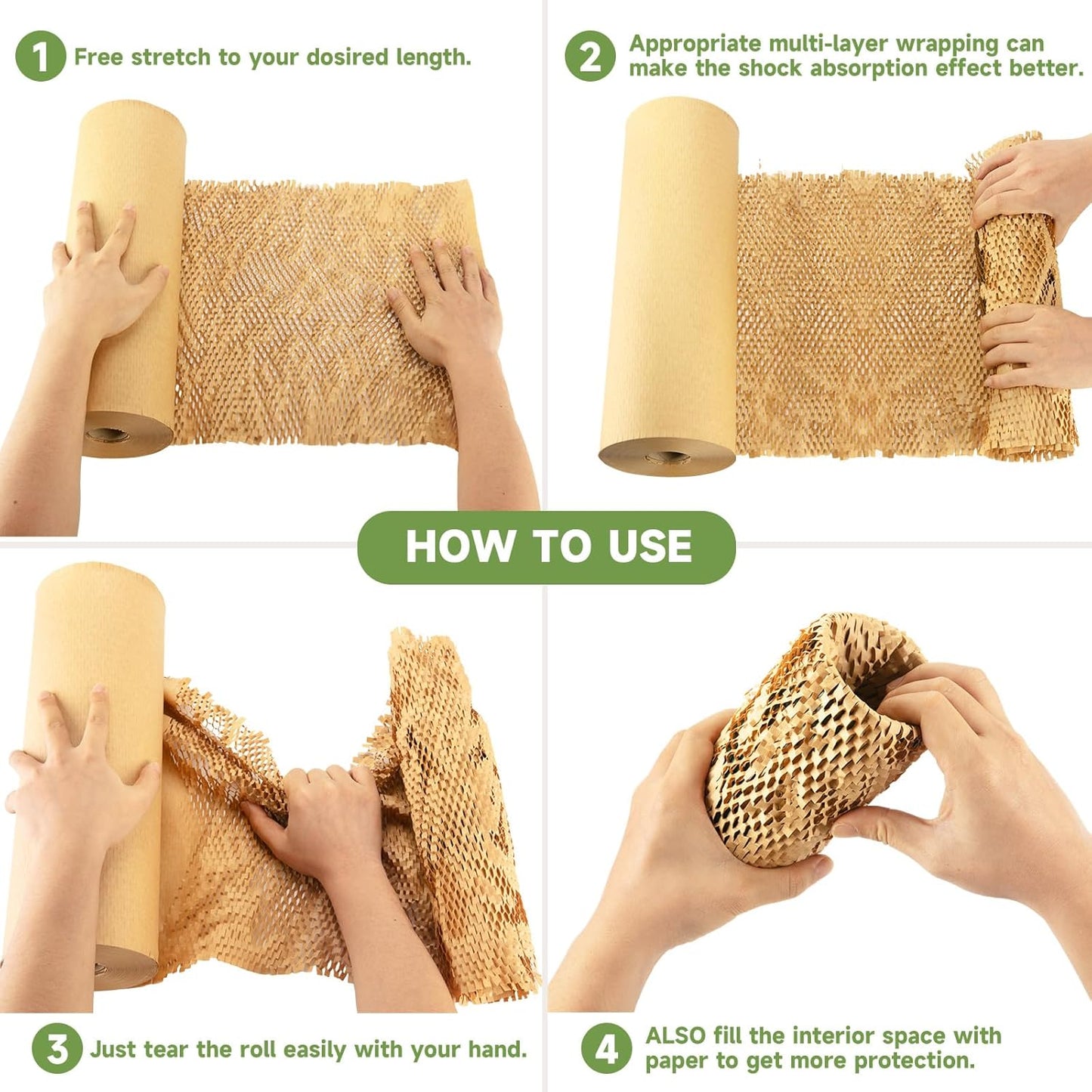 Honeycomb Packing Paper Wrap 15''x12000" (1000 ft), Substitute Alternative for Bubble Cushioning Wrap for Moving Shipping Packaging, Recyclable Moving Supplies with 48 Fragile Sticker Labels