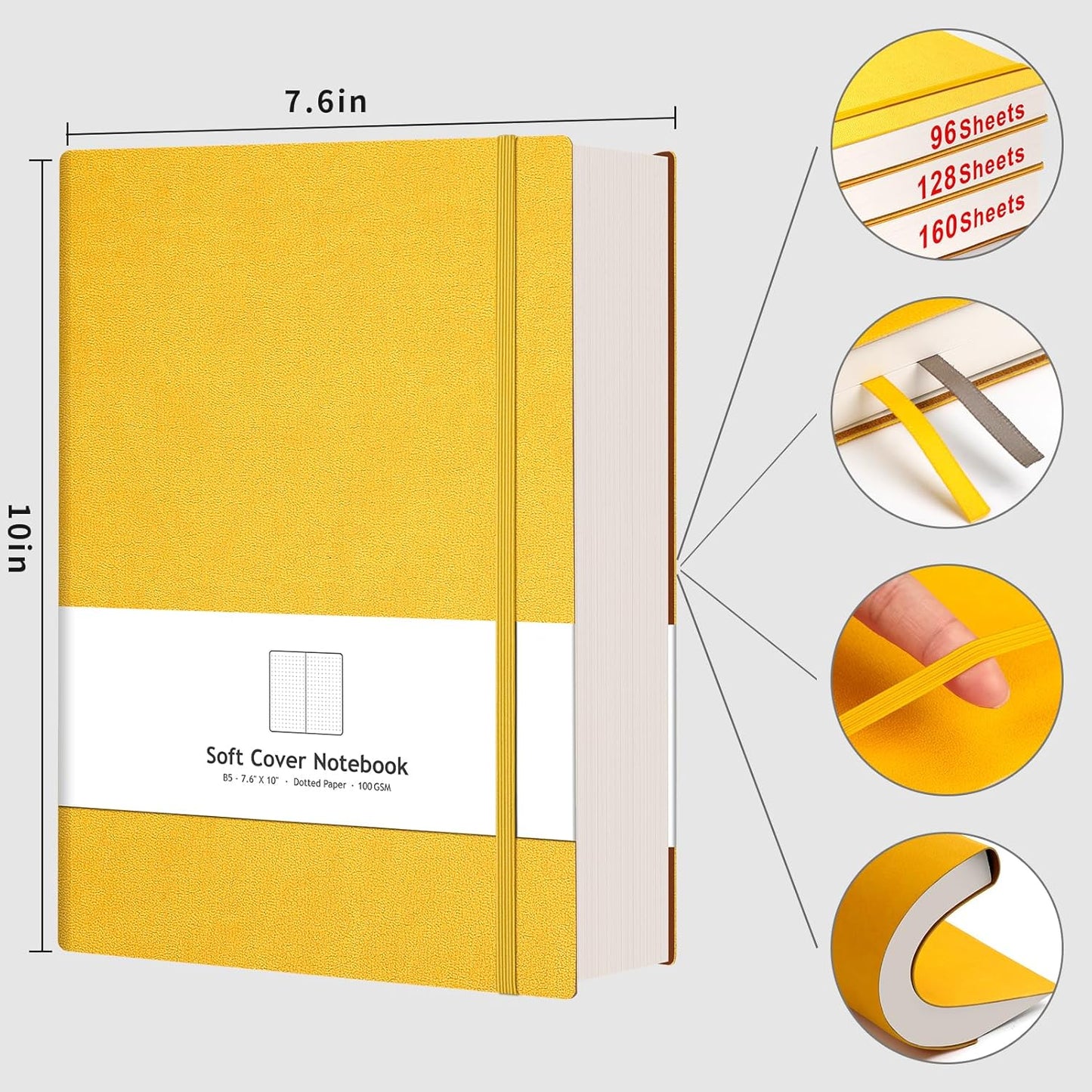 AHGXG Bullet Dotted Journal - 320 Pages Dot Grid Notebook B5 Large Journal, 7.6'' X 10'', 100gsm Thick Dotted Paper, Leather Softcover, with Journal Stencils, Inner Pocket - Yellow