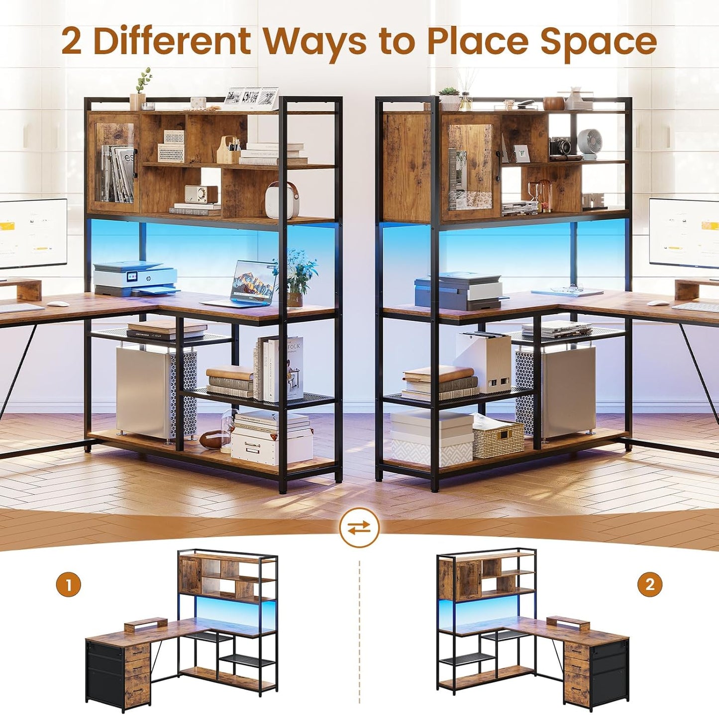 SEDETA L Shaped Computer Desk, 58'' Office Desk with 3 Drawers and Bookshelf, L Shaped Corner Desk with Storage Shelves and LED Light for Home Office, Gaming Desk, L Desk, Rustic Brown