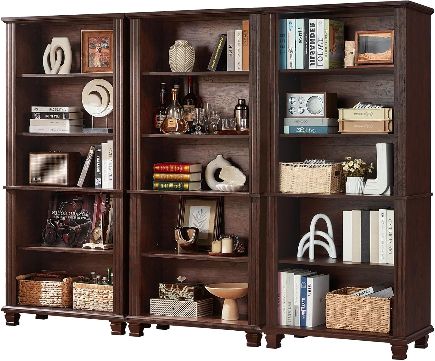 70" Tall Walnut Bookshelf,5 Tier Wooden Book Shelf with Adjustable Shelves & Wood Legs,Free Standing Farmhouse Bookcase with Open Display Storage,Vintage Bookshelves for Classroom, 3PCS