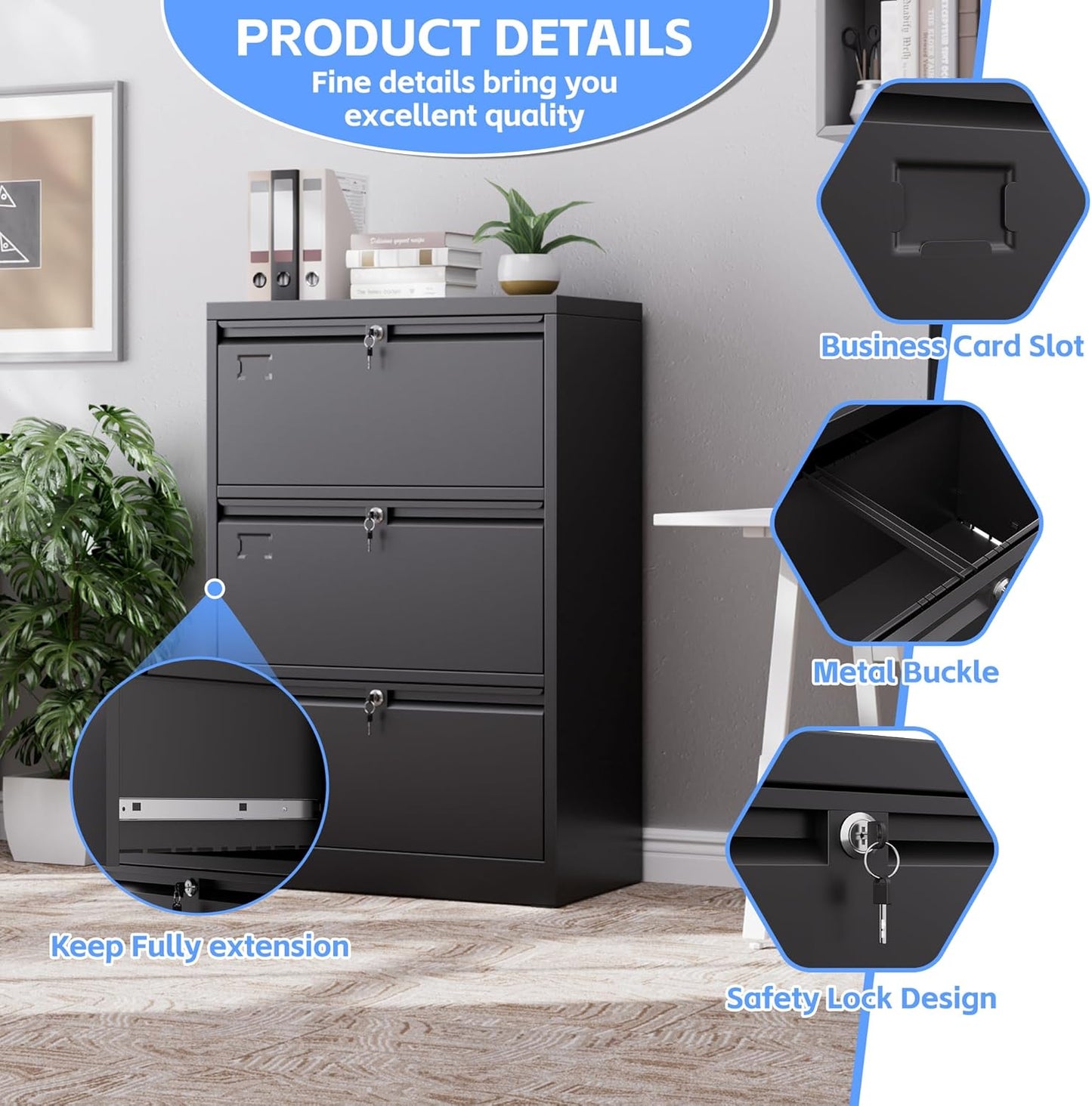 Metal 3 Drawer Lateral File Cabinet with 3 Lock - Wide Filing Cabinet for Letter/Legal/F4/A4 Hanging Files - Includes Business Card Holder,Home Office School Storage,Black