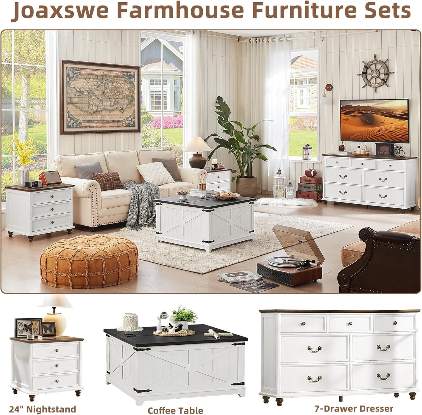 24" Wide Farmhouse Night Stand Set of 2,Large End Table with 3 Drawers & Metal Handle,White Wood Dresser for Bedroom Cabinet, Bed Side Table Chest of Drawers,Nightstand for Living Room,Closet