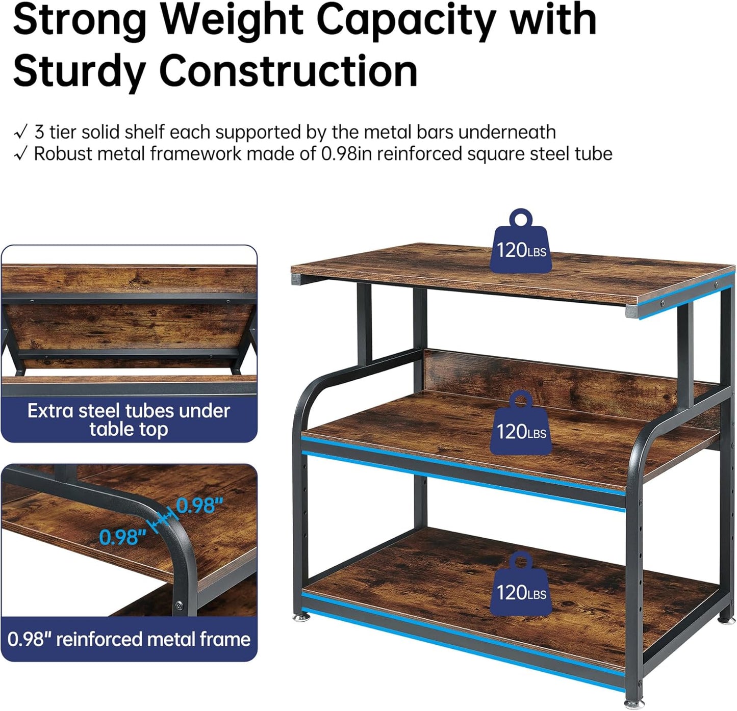 32.3" Wide Extra Large Printer Stand, 3 Tier Printer Table with Adjustable Storage Shelf, Rolling Printer Cart with Industrial Wheels for Home Office, Rustic Brown