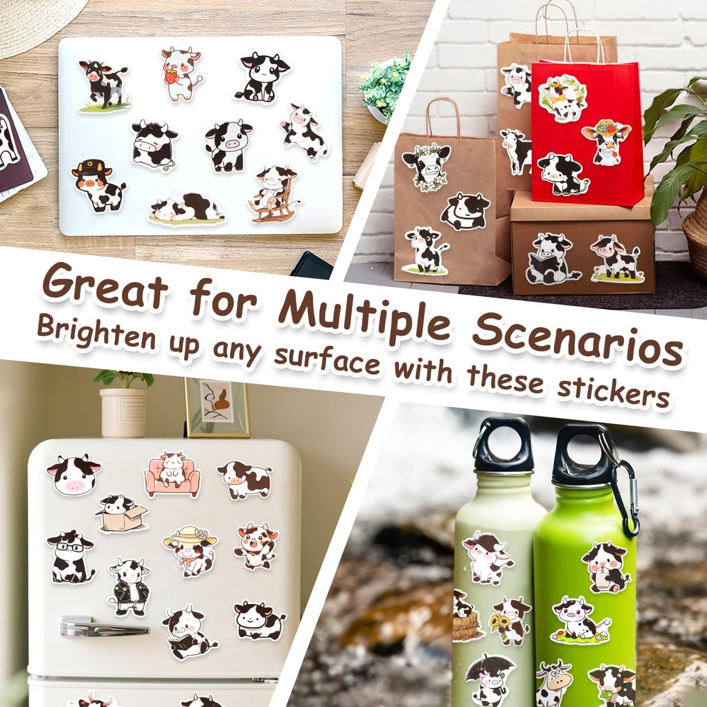 Aowplc 50 PCS Cow Stickers - Cute Cow Stuff & Gifts - Waterproof Vinyl Decals for Water Bottles, Laptop