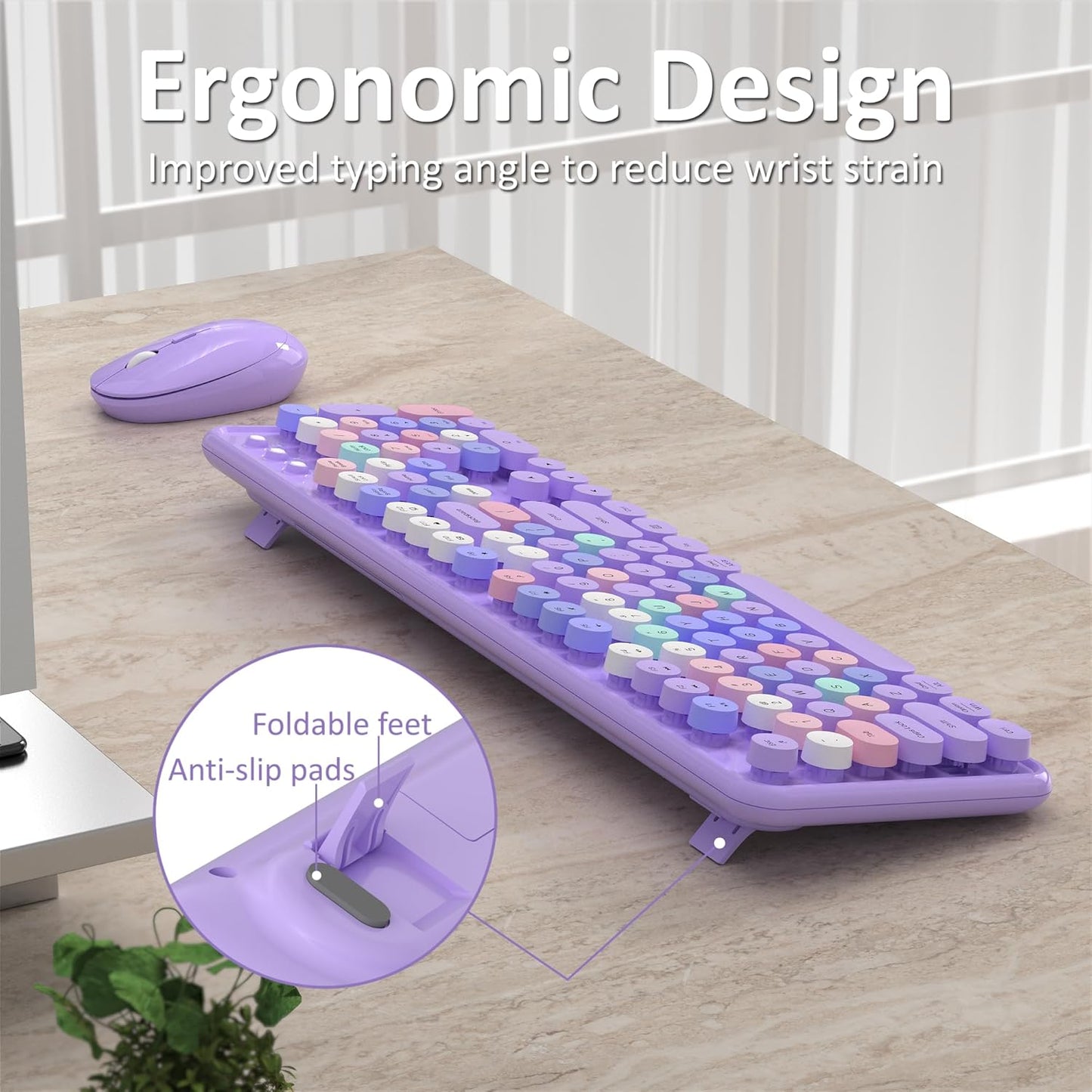 Wireless Keyboard and Mouse, Full-Size Retro Typewriter Keyboard with Round Keycaps, 2.4GHz for Windows, Mac, Laptop, PC, Desktop (Purple Colorful)