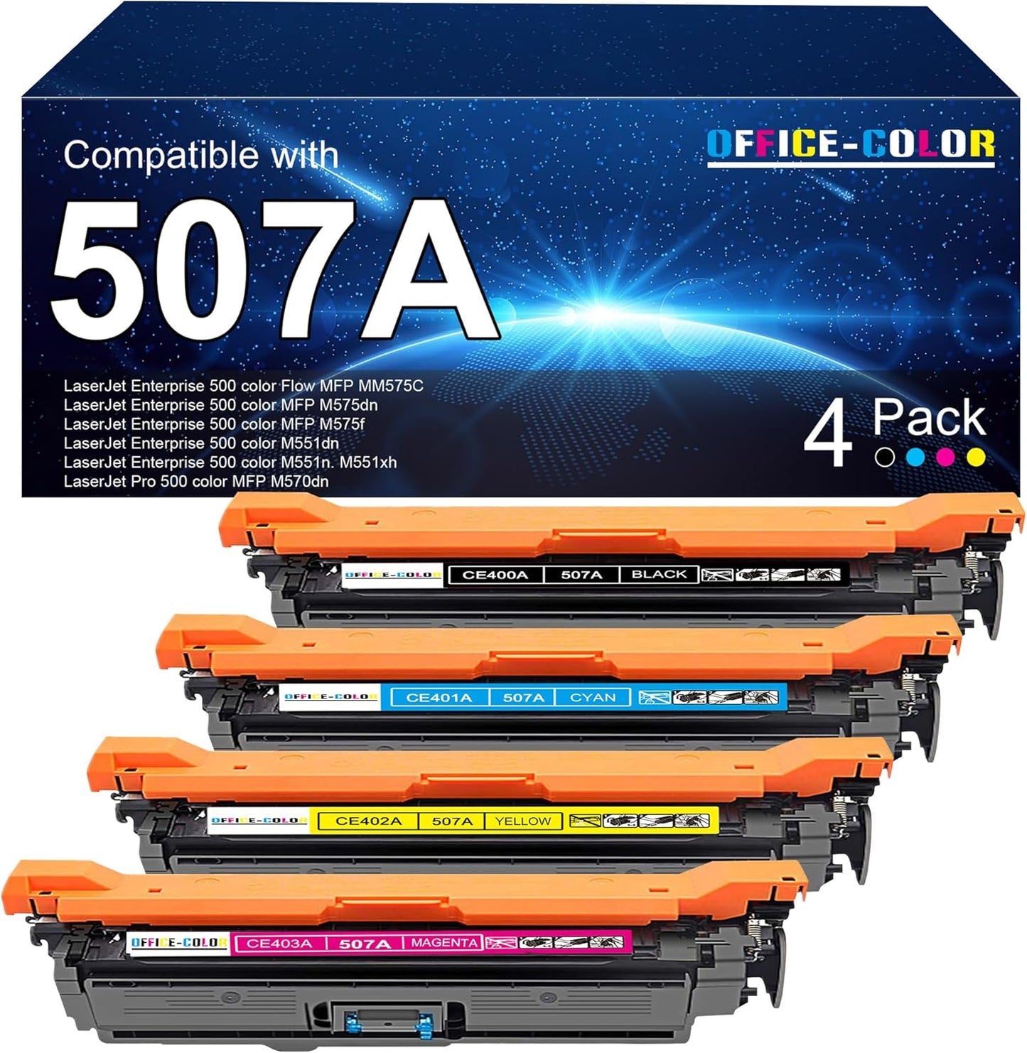 4 Pack Replacement for HP 507A Toner Cartridges Works with HP Laserjet Enterprise 500 Color M551,Laserjet 500 Color MFP M575,Laser Pro 500 MFP M570 Series (Black,Cyan,Magenta,Yellow)