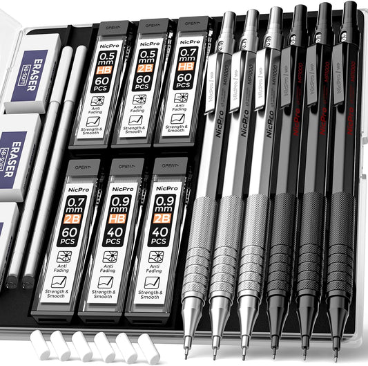 Nicpro 0.5 & 0.7 & 0.9 mm Metal Mechanical Pencil Set with Case, 6PCS MP1000 Artist Lead Pencil with 12 Tubes HB & 2B Lead Refills, 3 Erasers For Architect Art Writing Drafting Sketching Drawing
