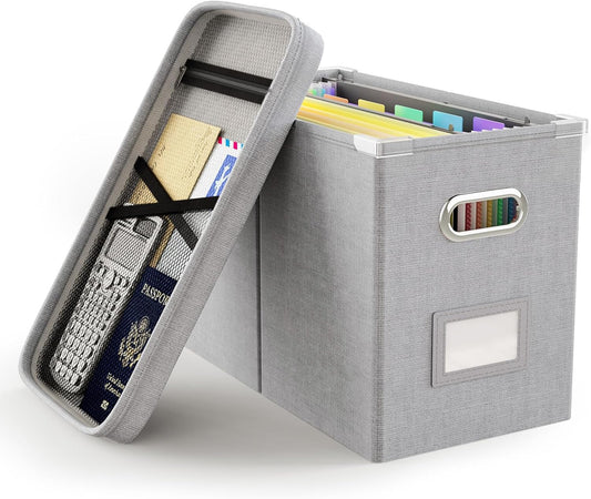 Oterri File Organizer with Lid, Hanging Filing Box with Mesh Pocket, Document Organizer for Letter Files, Portable Storage Box with Smooth Sliding Rail for Office & Home (1 PCS, Light Grey)