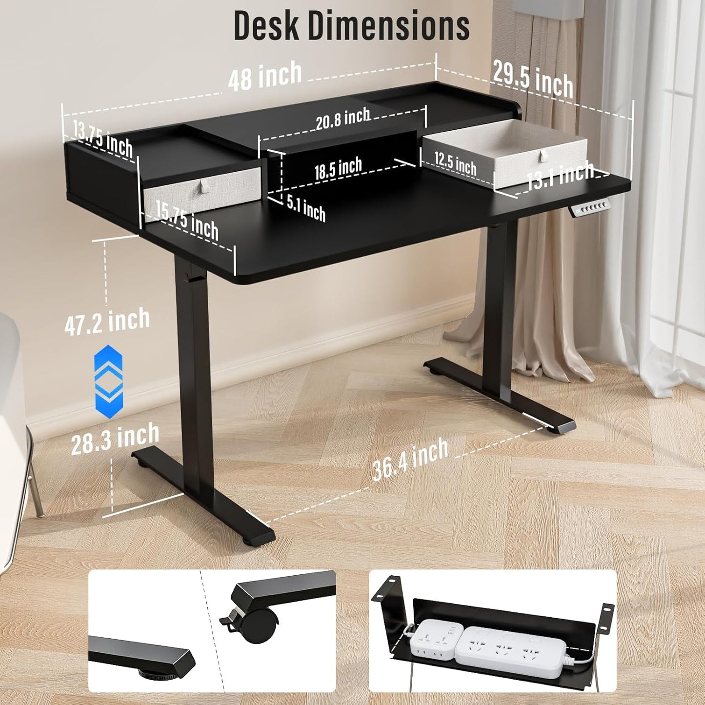 Standing Desk with Drawers,Thickened Table Legs Sit Stand Desk Electric for Home Office & Gaming,Ergonomic Stand Up Desk Cable Management Tray(Classic Black) (Classic Black, 48″ x 30″)