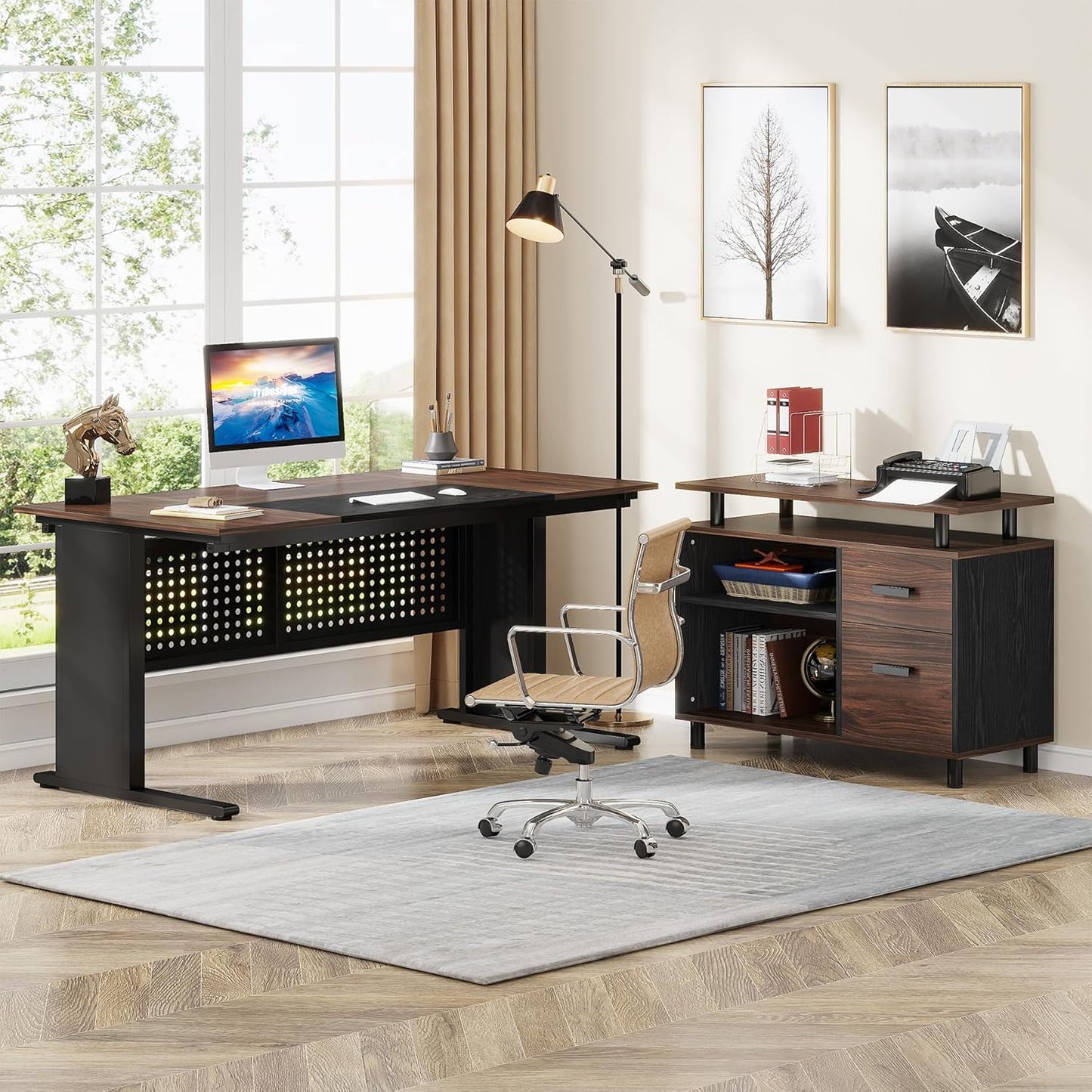 Tribesigns 63 Inch Executive Desk with File Cabinet, Large Office Desk L Shaped Computer Desk with Drawers and Storage Shelves, Business Furniture Desk for Home Office, Dark Walnut and Black