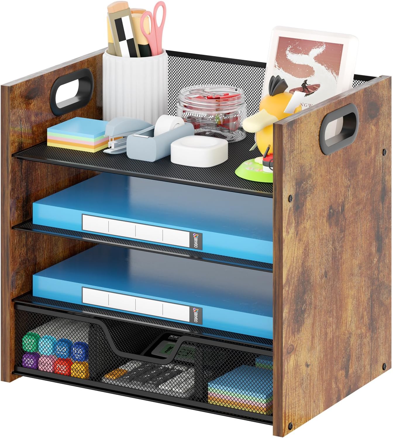 Wood Desk Organizer - 4-Tier Desktop File Organizer with Drawer, Wooden Paper Tray, Office Desk Organizer for Papers, Mail, Notebooks, Stationery