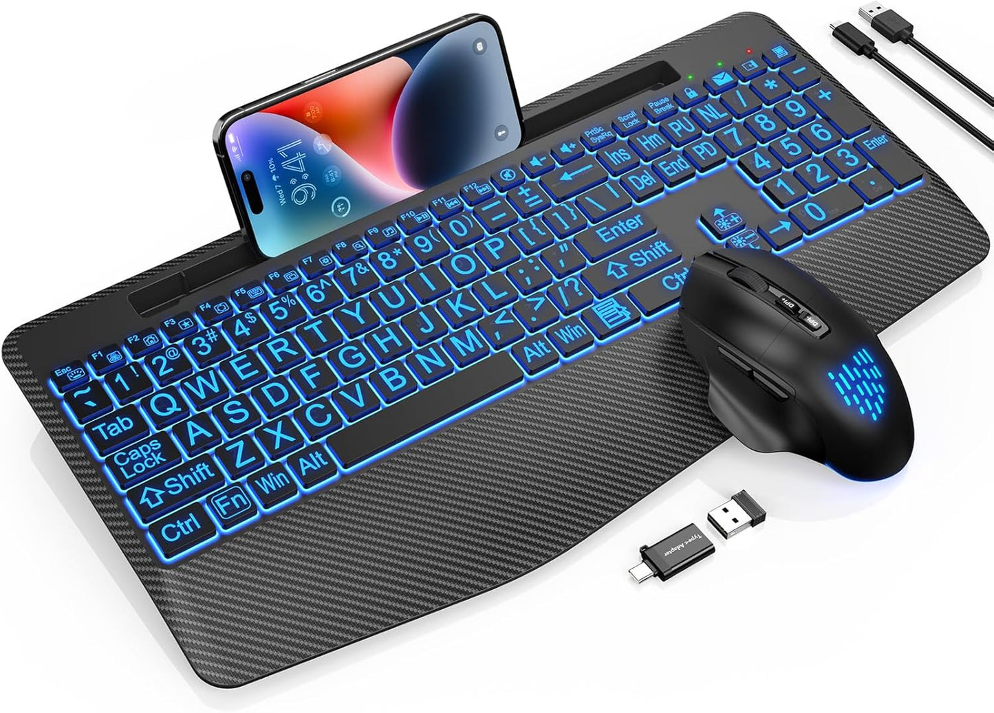 Wireless Keyboard and Mouse Backlits, Wrist Rest, LED Mouse, Rechargeable Ergonomic Keyboard with Phone Holder, Silent Light Up Combo for Computer, Mac, PC, Laptop, Chromebook (Black Large Print)