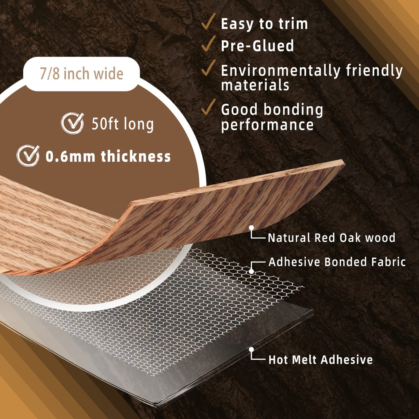 GSCIT Club Red Oak Edge Banding, 7/8 inch x 50ft roll of Veneer Edge Banding Preglued Flexible, Real Wood Tape Banding