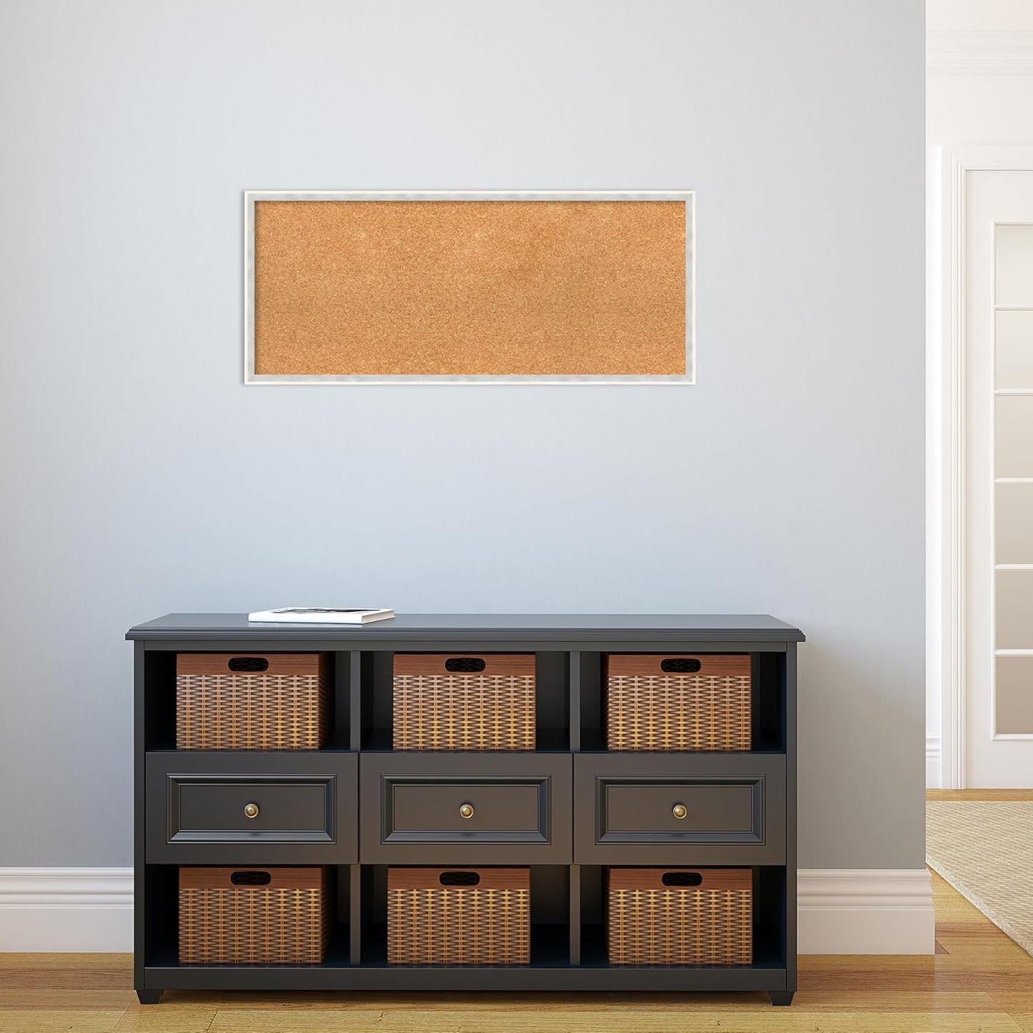 Amanti Art Natural Cork Board for Wall, 15x35 Vision Board with White Frame, Medium Corkboard Office Decor for Home Organization, Modern Corkboard Pinboard to Display Items for Home Organization in