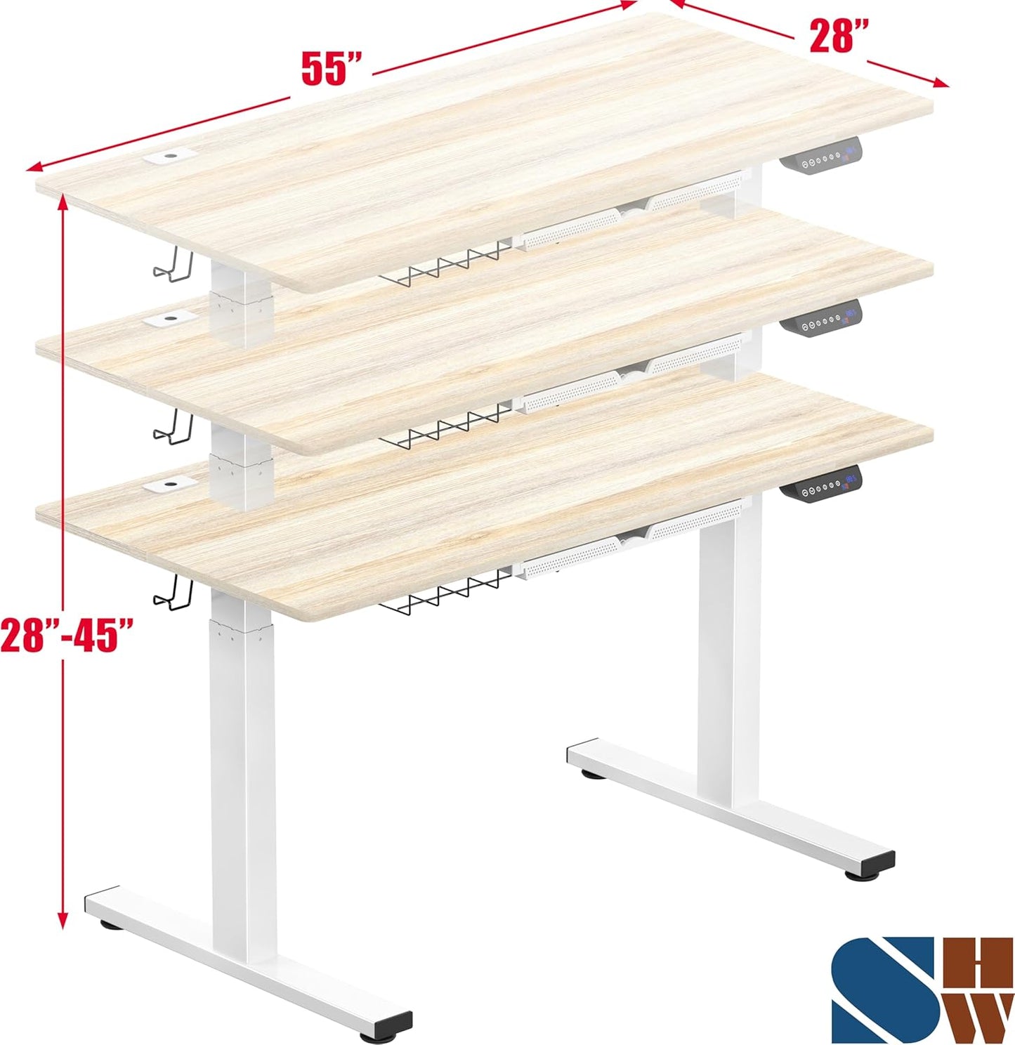 SHW 55 x 28 Inches Electric Height Adjustable Standing Desk with Drawer and Memory Preset, Maple