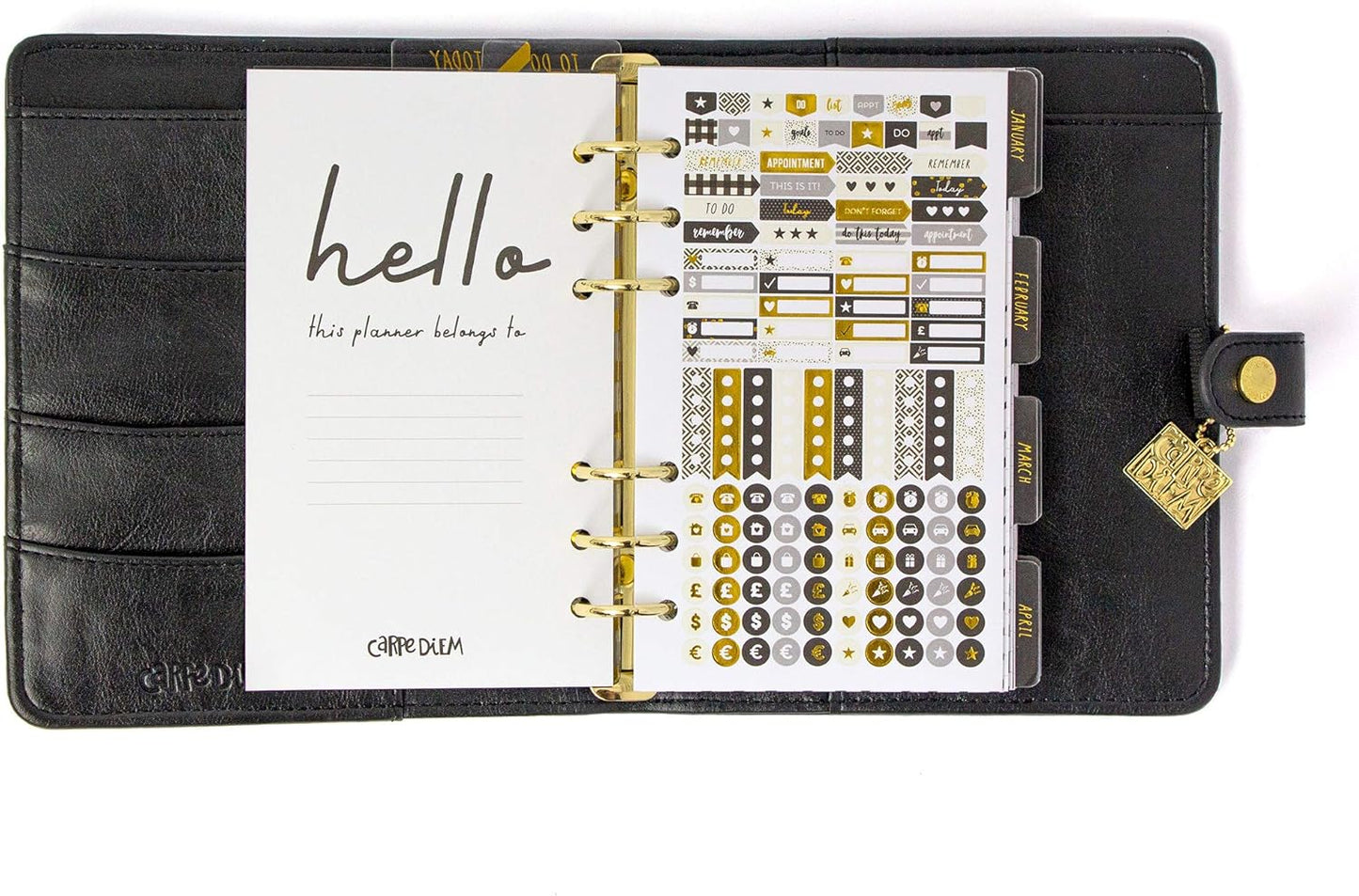 Pukka Pad, Carpe Diem Personal Planner - Soft Cover Binder with Weekly, Monthly Undated Inserts in Tabbed Sections, Interior Pockets and Sticker Sheets - 8 X 7.5 X 1.4 Inches, Black