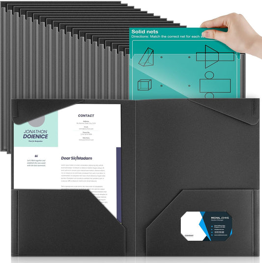 Henoyso 60 Pcs Plastic Folders with Clear Front Pockets Heavy Duty File Folders with 2 Pockets and Card Slot for Student Communication School Office Presentation Report (Black)