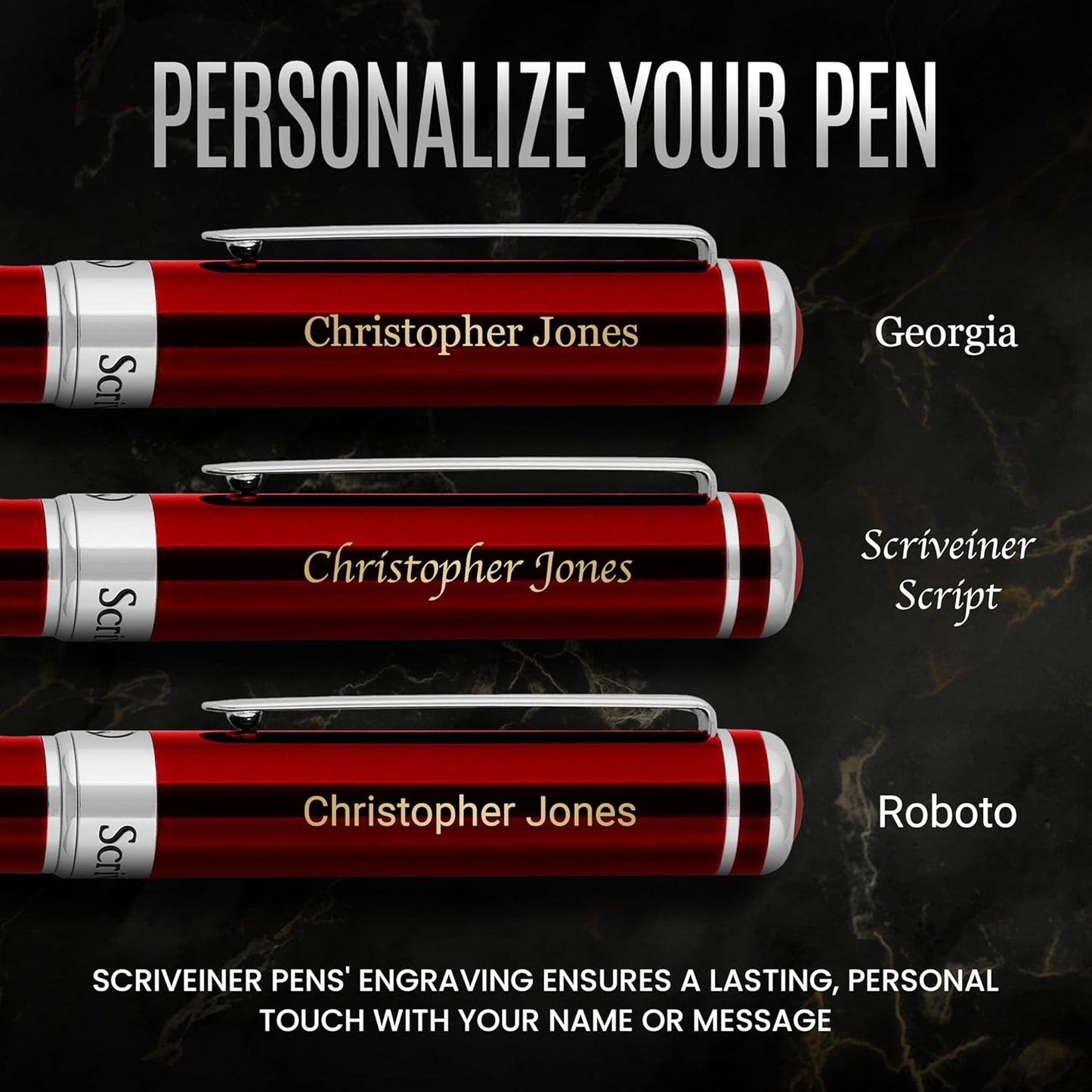 Scriveiner Personalized Deep Crimson Red Pen - Stunning Red Lacquer Luxury Pen with Chrome Finish, Schmidt Ink Refill, Best Engraved Ball Point Gift Set for Men & Women, Custom Name Engraving
