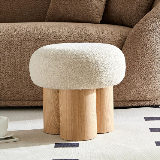 MEETAKING Small Round Foot Stool, Teddy Fabric Footrest Ottoman Stool with Non-Skid Legs, Modern Footstools Step for Couch, Desk, Office, Living Room (Beige)