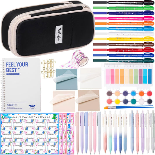 Bible Study Supplies for Women Men - Pencil Pouch Case, 75 Tabs, 12 No Bleed Highlighters, 6 Colored Pens, 10 Black Ink Pens, Washi Tapes & A5 Notebook -Christian Gifts Journaling Kit, Black