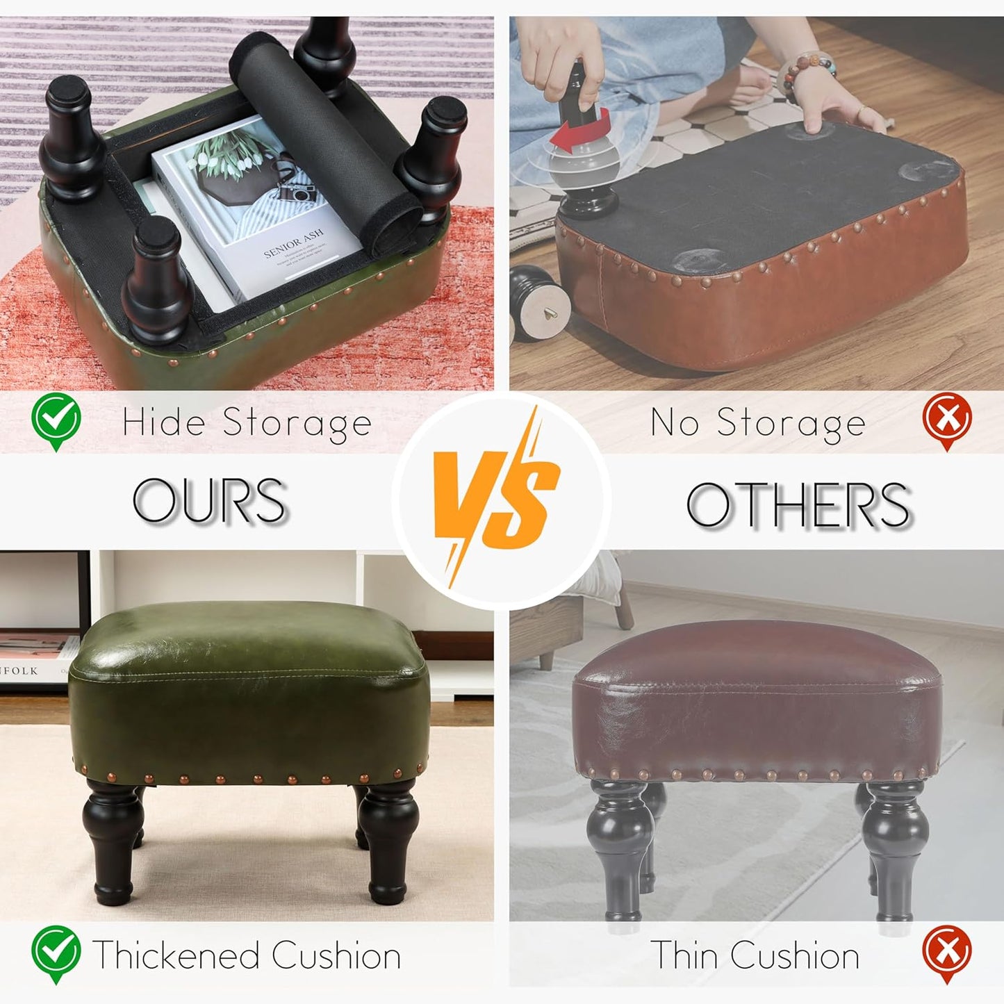 Ottoman Leather Foot Rest with Thicker Foam Padded Seat, Footstool with Wooden Legs (Green)