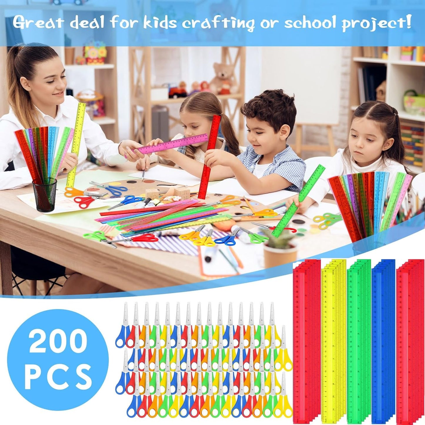 PerKoop 200 Pcs School Supplies with 100 Pcs Safety Blunt Tip Student Scissors 100 Pcs 12 Inch Plastic Rulers Back to School Supply Kit for Operation Christmas Charity Donation Supplies (Vivid Color)