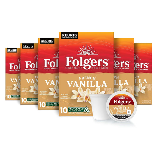 Folgers French Vanilla Artificially Flavored Coffee, Keurig K-Cup pods, 10 Count Box (Pack of 6)