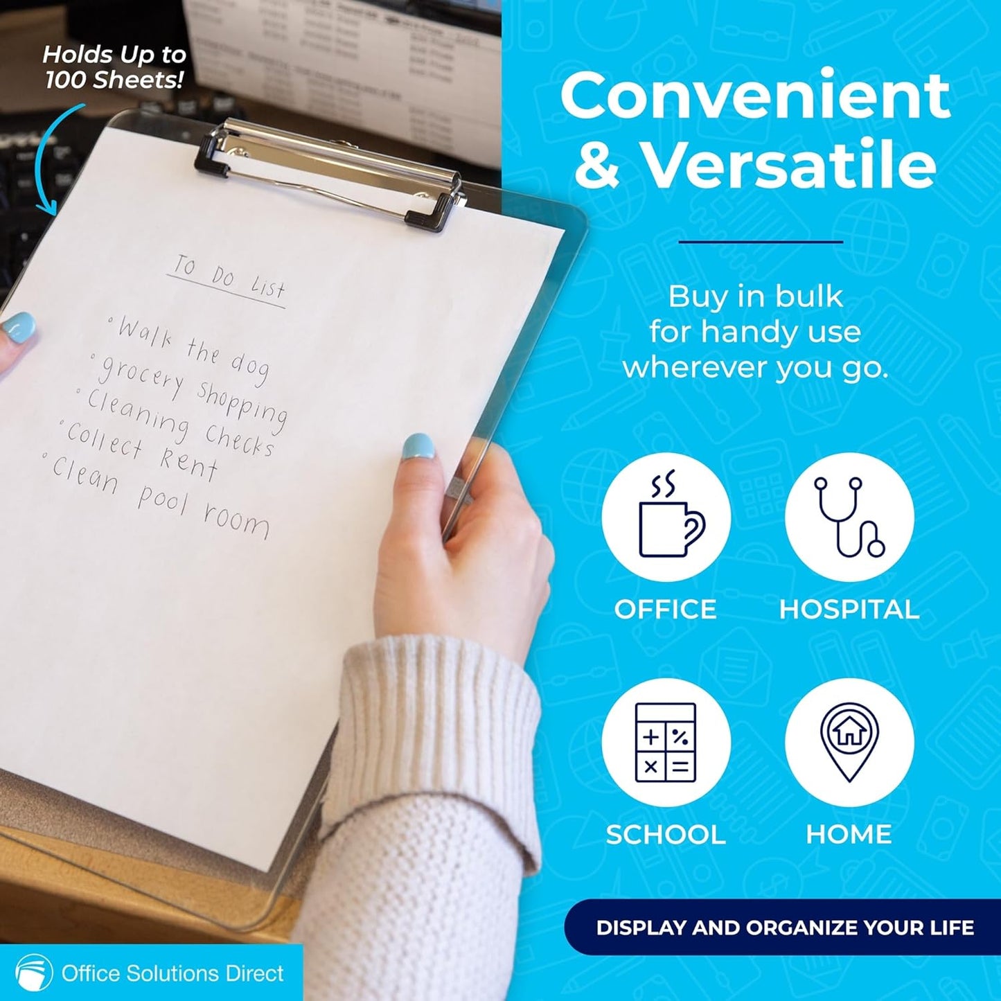 Plastic Clipboards (Set of 12) Transparent Clipboard (Clear) Strong 12.5 x 9 Inch | Holds 100 Sheets! Acrylic Clipboards with Low Profile Clip | Bulk Back to School Supplies for Teachers