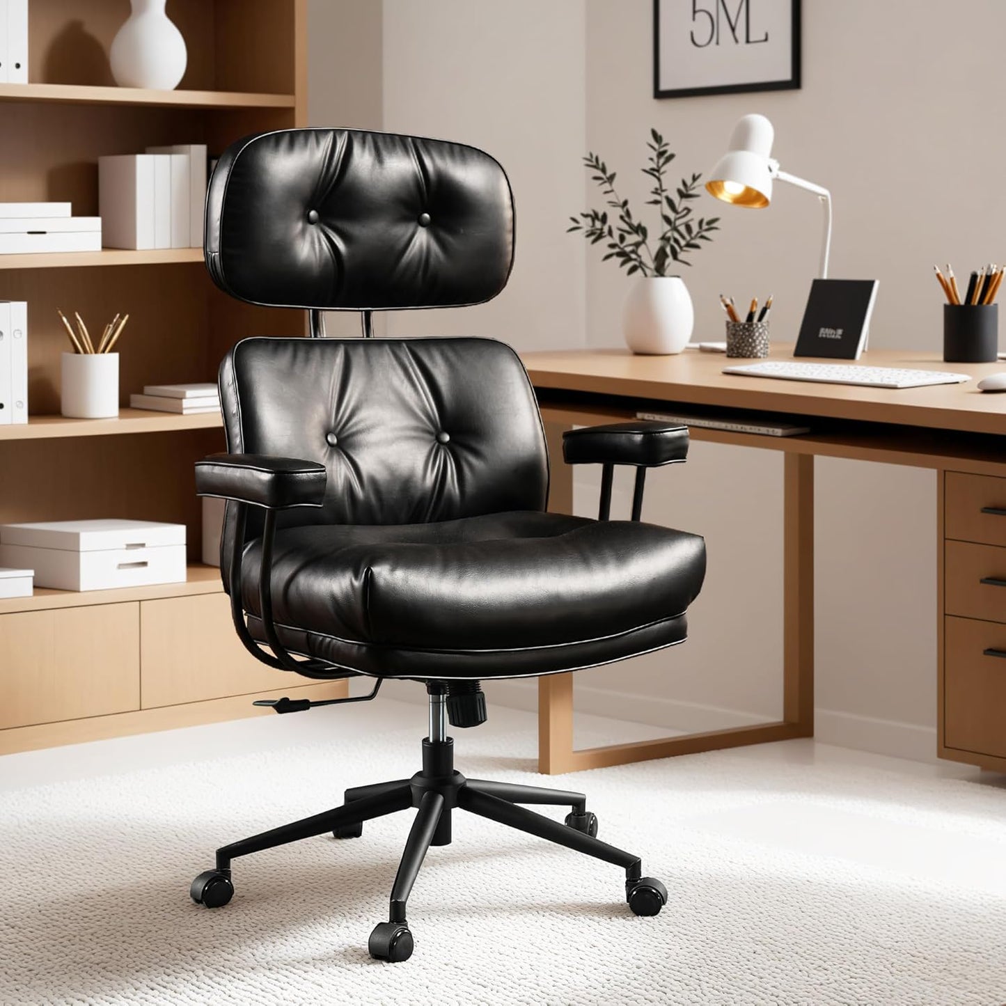 ovios Ergonomic Home Office Chair, Mid-Century Modern Faux Leather Chairs with Thickened Cushions, Comfy High Back Swivel Rolling Executive Computer Armchair (Black, PU Leather)