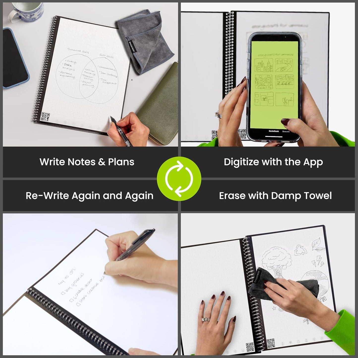 Rocketbook Core Reusable Spiral Notebook, Letter Size 8.5x11, Navy Blue - Dotted Pages, App-Connected, Erasable, Durable Cover, Ideal for School, Work, and Creative Projects