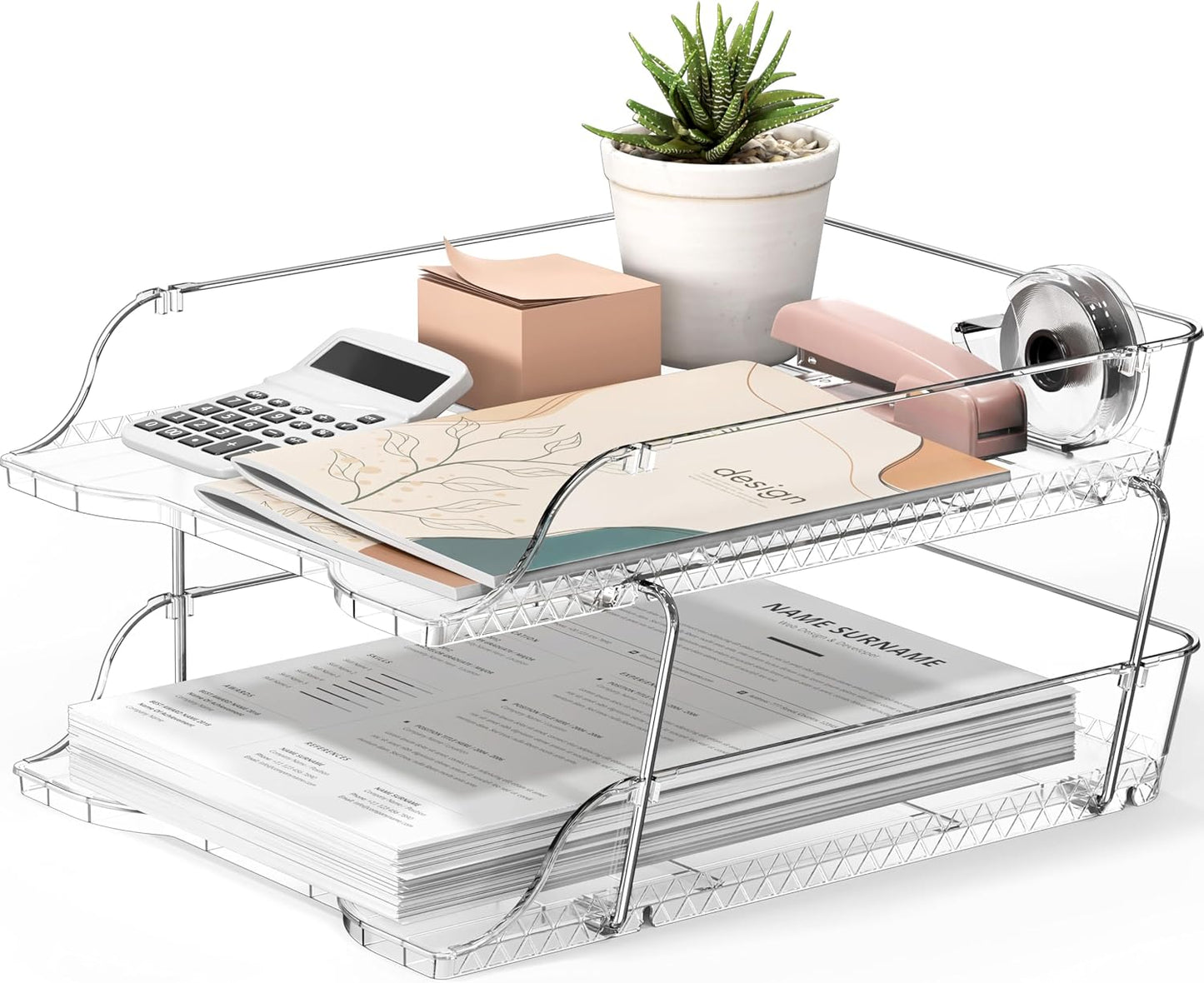 Simple Houseware 2-Tier Clear Stackable Letter Tray Organizer – Desktop File Holder for A4/Letter Size Paper, Document Sorter, Office Desk Paper Organizer, Transparent File Storage
