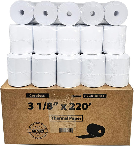 (30 Coreless Rolls - 60 GSM Heavy Thermal) 3 1/8 x 220 Thermal Paper Receipt Rolls fits all Clover POS Cash Register Printers for TSP500 TSP600 TSP 700 TSP2000 CT S300 from BuyRegisterRolls