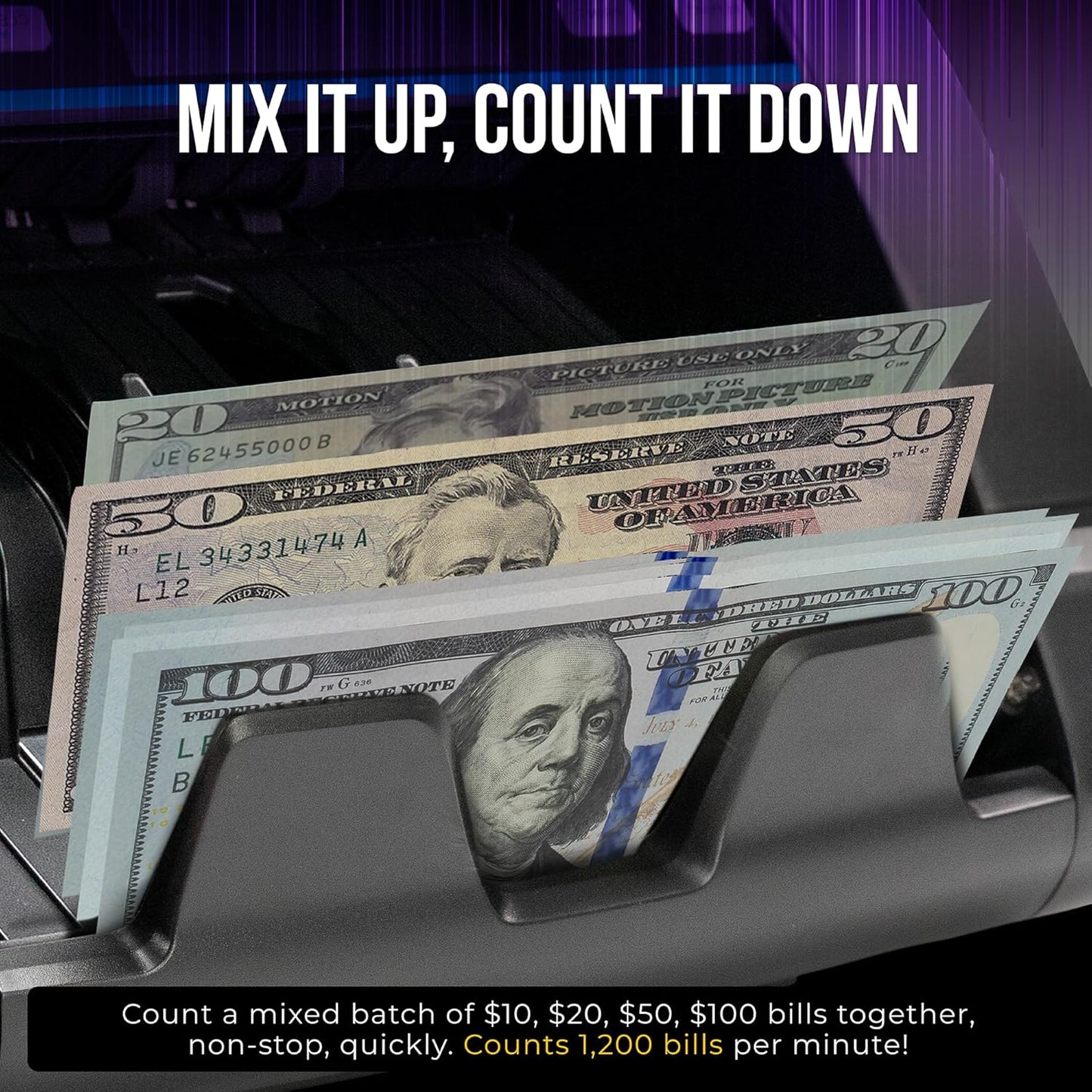 KOLIBRI Domino Money Counter Machine Mixed Denomination | Mixed Value Cash Counter Machine | 2 CIS UV/MG IR/MT SN/DV IRT Fake Detections Money Counting Machine | 3-Year Warranty (US Tech Support)