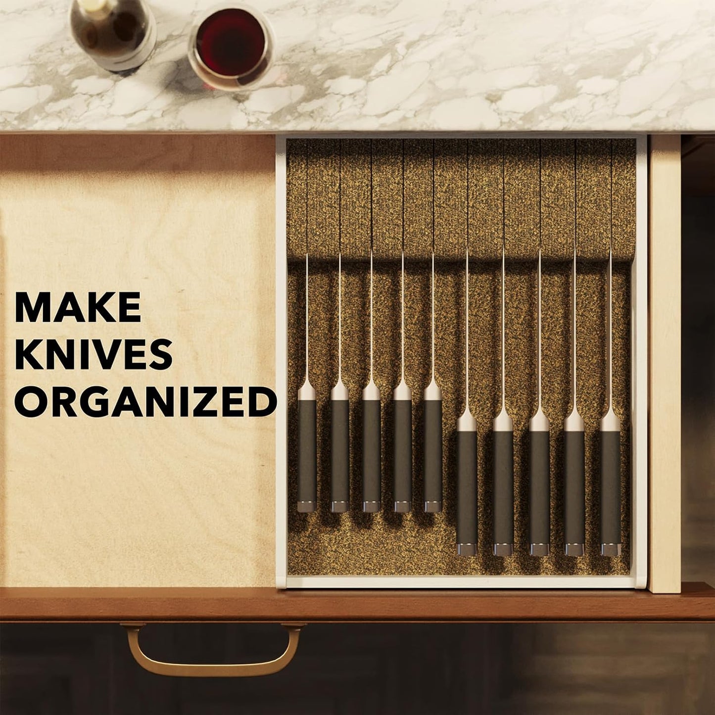 SpaceAid Large Knife Drawer Organizer Bamboo Insert Dock, Kitchen Steak Knives Holder Organizers Block for Drawer in Storage Organization (Large, White)