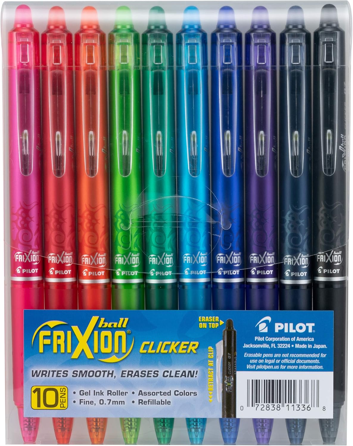 Pilot FriXion Erasable Gel Pens, Fine Point 0.7 mm Erasable Pens, Pack of 10 Assorted Colors