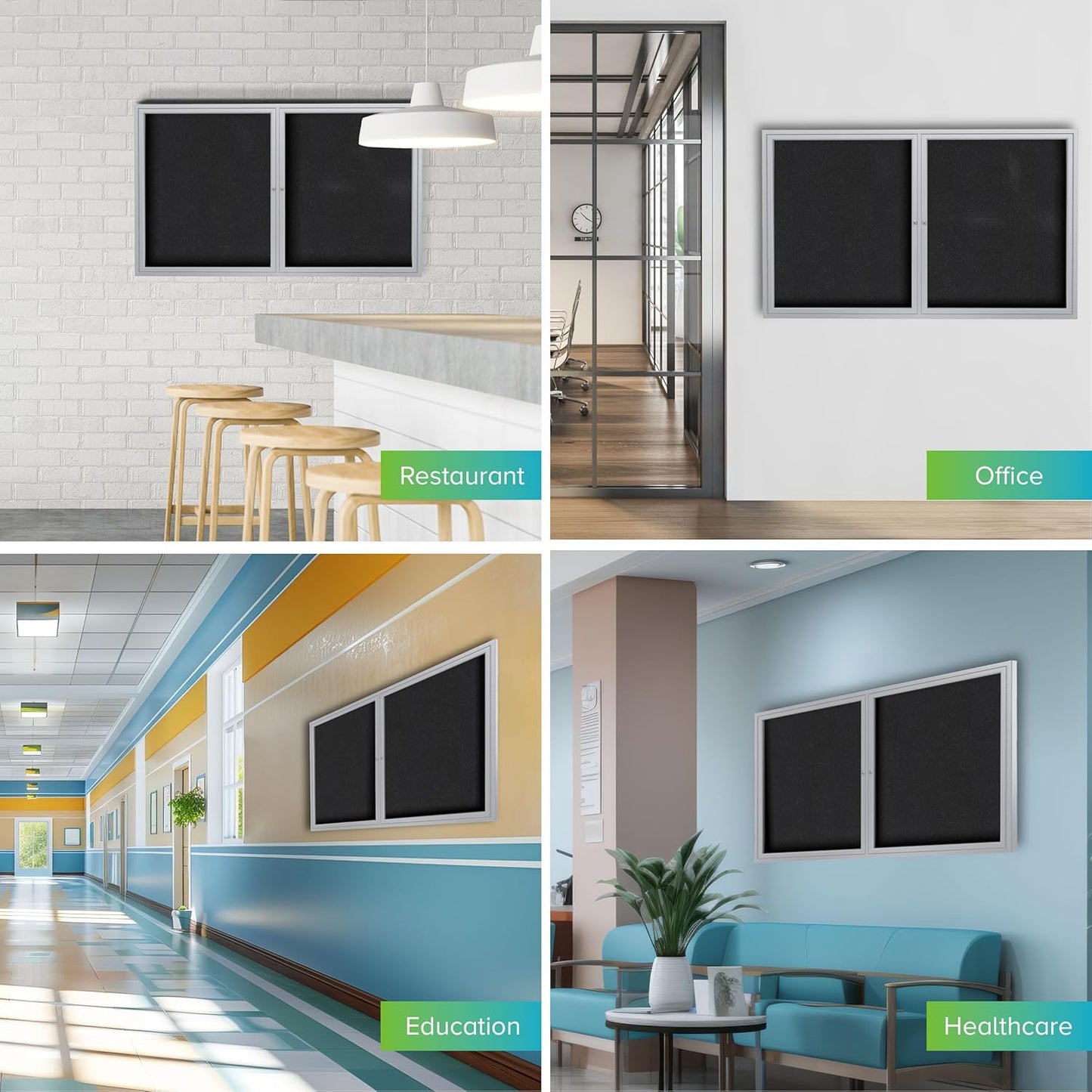 Ghent 36"x60" 2-Door indoor Enclosed Recycled Rubber Bulletin Board, Shatter Resistant, with Lock, Satin Aluminum Frame,Black (PA23660TR-BK) ,Made in the USA