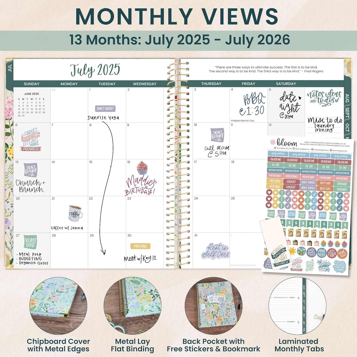 bloom daily planners HARDCOVER 2025-2026 (8.5" x 11") Academic Year Day Planner (July 2025 - July 2026) - Task Goal Organizer - Monthly & Weekly Inspirational Agenda Book - Garden Party, Beige