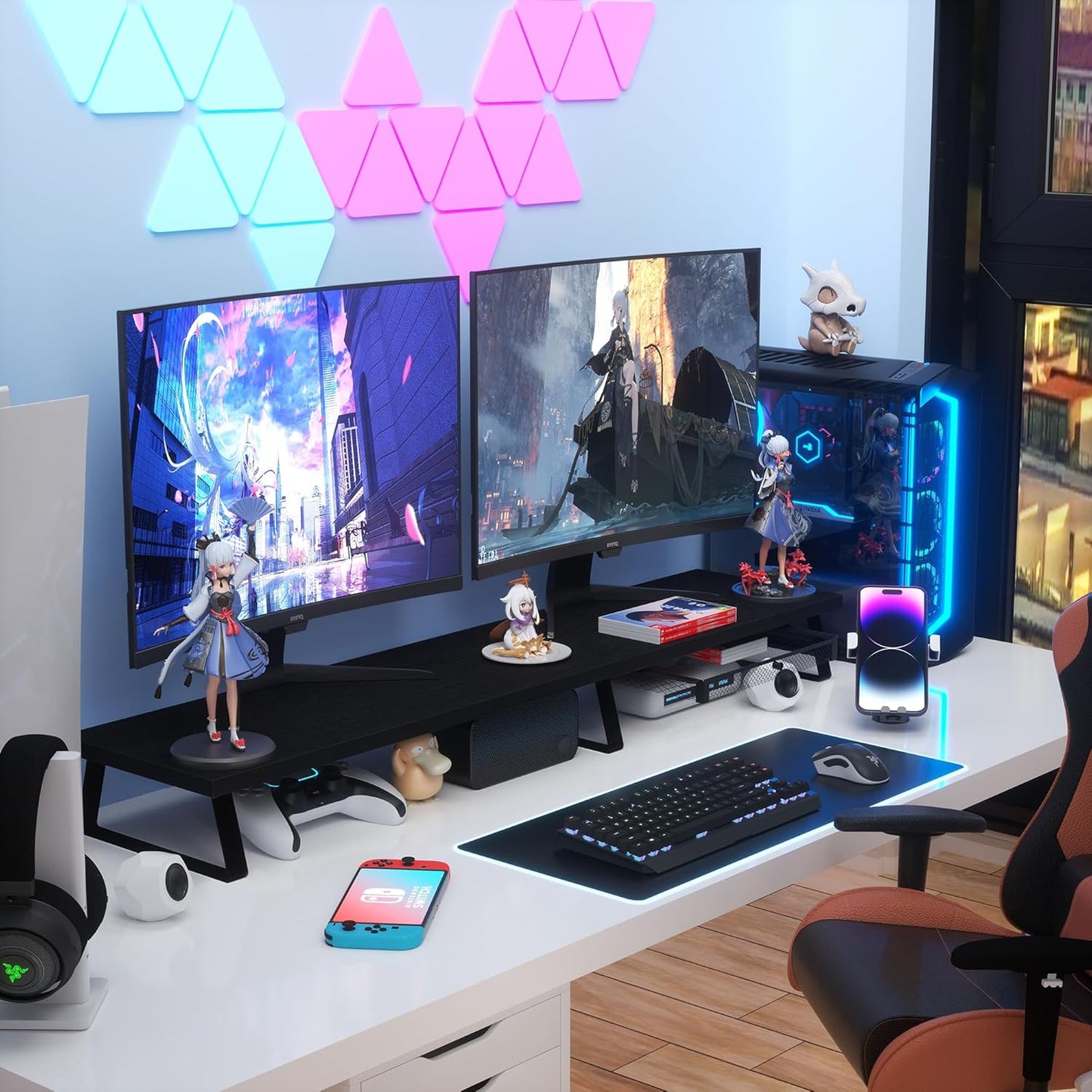 Aothia Large Dual Monitor Stand Riser - Monitor Stand For 2 Monitors, Monitor Stand With Drawer,Desk Shelf For Monitor, Wood Monitor Riser Stand with Storage Organize For Pc,Tv,Laptop,Screen (Black)