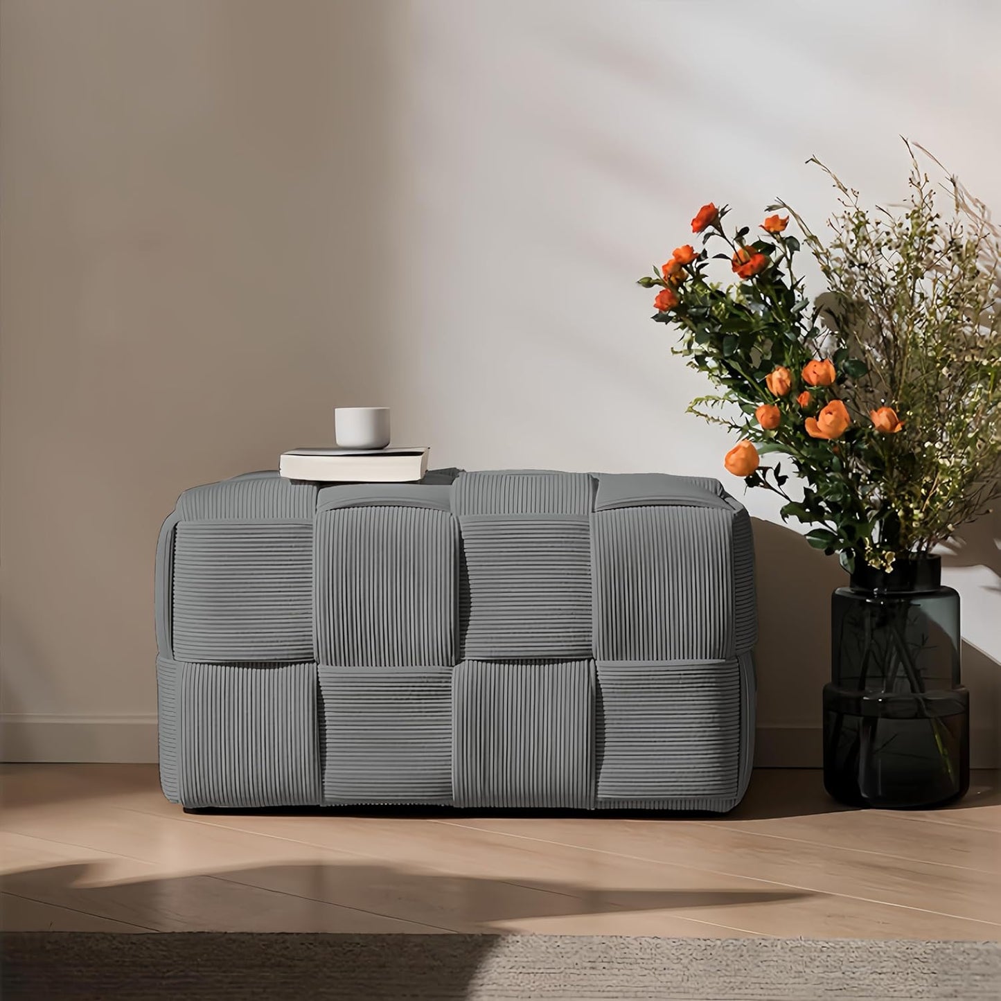 Ottoman Foot Rest Soft and Comfortable Ottoman Square Corduroy Woven Design Sofa Stool (Grey-L)