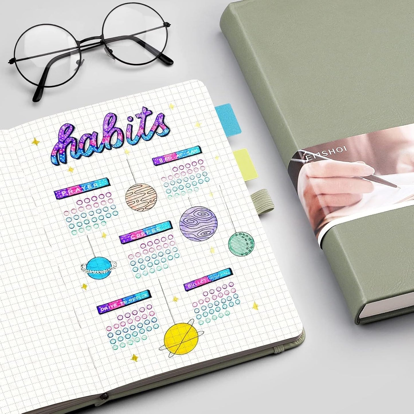 EMSHOI Graph Paper Notebook - 256 Pages A5 Graph Notebook/Journal, Hard Cover, 120gsm Thick Paper, Smooth PU Leather, Inner Pocket, 5.75'' × 8.38''- Olive Green