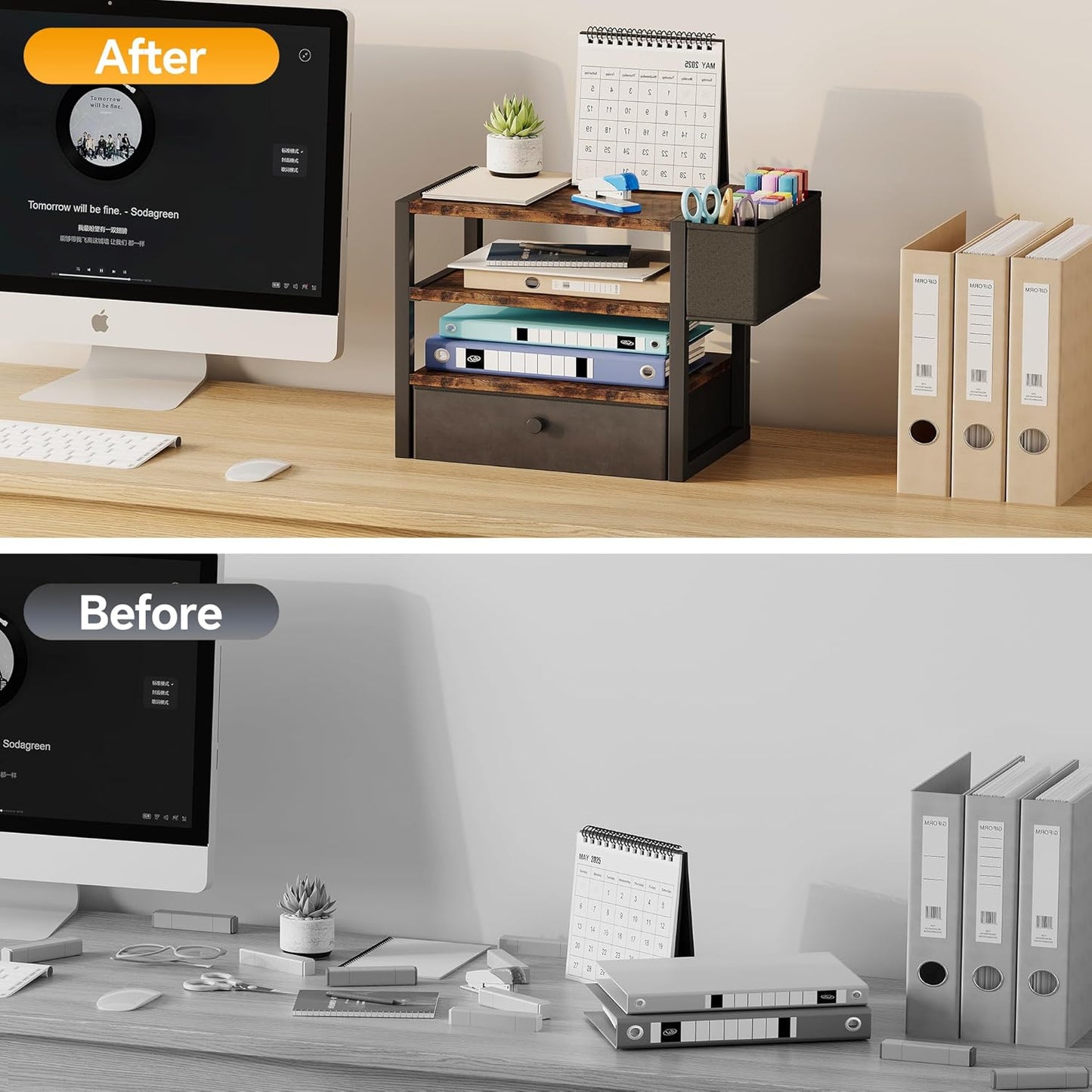 Desk Organizers and Accessories, 4-Tier Paper Letter Tray File Organizer with Fabric Drawer & 3 Pen Holder, Office Desk Accessories Workspace Desktop Organizer for Office Supplies, Rustic Brown